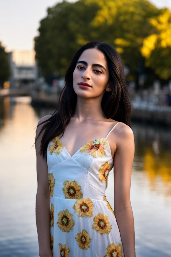 tv_Buket_Komur_A_V2, model pose, neutral expression, ((wearing a flowered summer dress )),full body shot, Golden Hour, by the lakeside, (((relaxed))), "epic-Ultra-HD-details", "epic-Ultra-HD-highlights", PA7_Human-Likeness