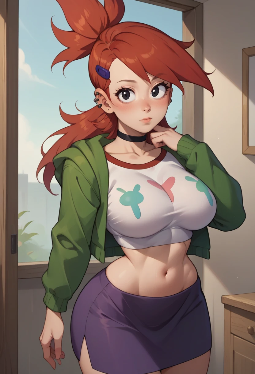 wide hips, thighs, Vicky, ponytail, lipstick, midriff, 1girl, green crop top, pink eyes, black pants, orange hair. solo girl