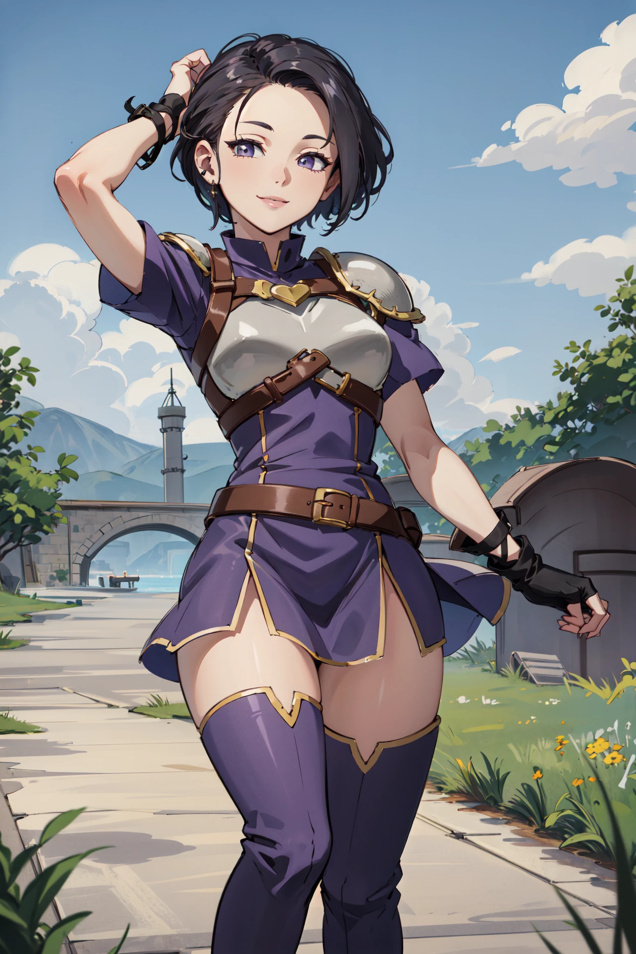 (masterpiece, best quality, detailed), 1girl, solo, looking at viewer, aaram,short hair,hair over one eye,bangs,hair ribbon,purple ribbon,x hair ornament,small breasts,
king, cape, fur-trimmed cape, armor, gold, crown, gem, jewelry, white gloves, outdoors, mountain, castle, fantasy, scenery, sky, contrapposto, smile, open mouth, teeth, v-shaped eyebrows, smug