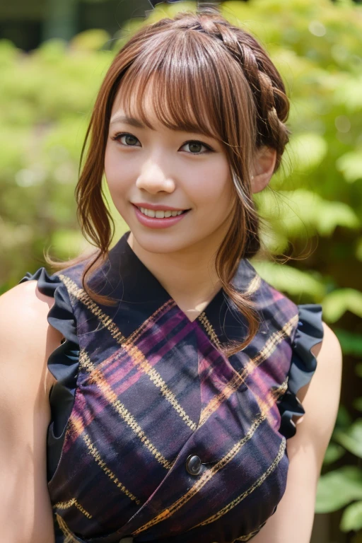 1girl, (sleeveless,brown plaid dress:1.6),(RAW photo, best quality:1.4), (realistic, photo-realistic:1.4), masterpiece, an extremely delicate and beautiful, extremely detailed, 2k wallpaper, Amazing, finely detail, extremely detailed CG unity 8k wallpaper, ultra-detailed, highres, soft light, beautiful detailed girl, extremely detailed eyes and face, beautiful detailed nose, beautiful detailed eyes,professional lighting,(blurry,bokeh backgound:1.6),(park:2.0),perfect anatomy,(slender body:1.),(close up face:1.8),(smile,Friendly, warm:1.8),(looking at viewer:1.8), (long hair:1.6), (japanese idol:1.8), (brown eyes:1.4),(standing:1.6),(cleavage:0.8),(hands behind:2.0), <lora:kiritanichoucho_lora-02:0.8>