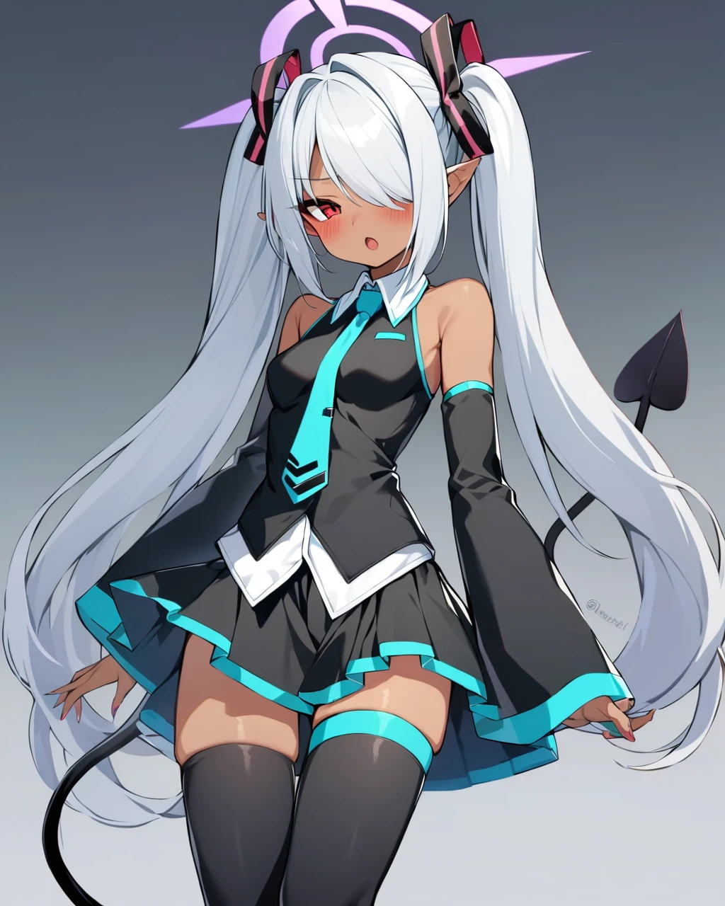 masterpiece, best quality, <lora:miku_cosplay:1>,1girl, iori_\(blue_archive\), solo, twintails, detached_sleeves, dark_skin, hatsune_miku, red_eyes, dark-skinned_female, long_hair, necktie, tail, thighhighs, hair_over_one_eye, pointy_ears, halo, hatsune_miku_\(cosplay\), spring_onion, looking_at_viewer, skirt, very_long_hair, cosplay, blush, grey_hair, demon_tail, white_background, small_breasts, breasts, zettai_ryouiki, simple_background, twitter_username, ribbon, bare_shoulders, sleeveless, hair_ribbon, black_thighhighs, holding, open_mouth