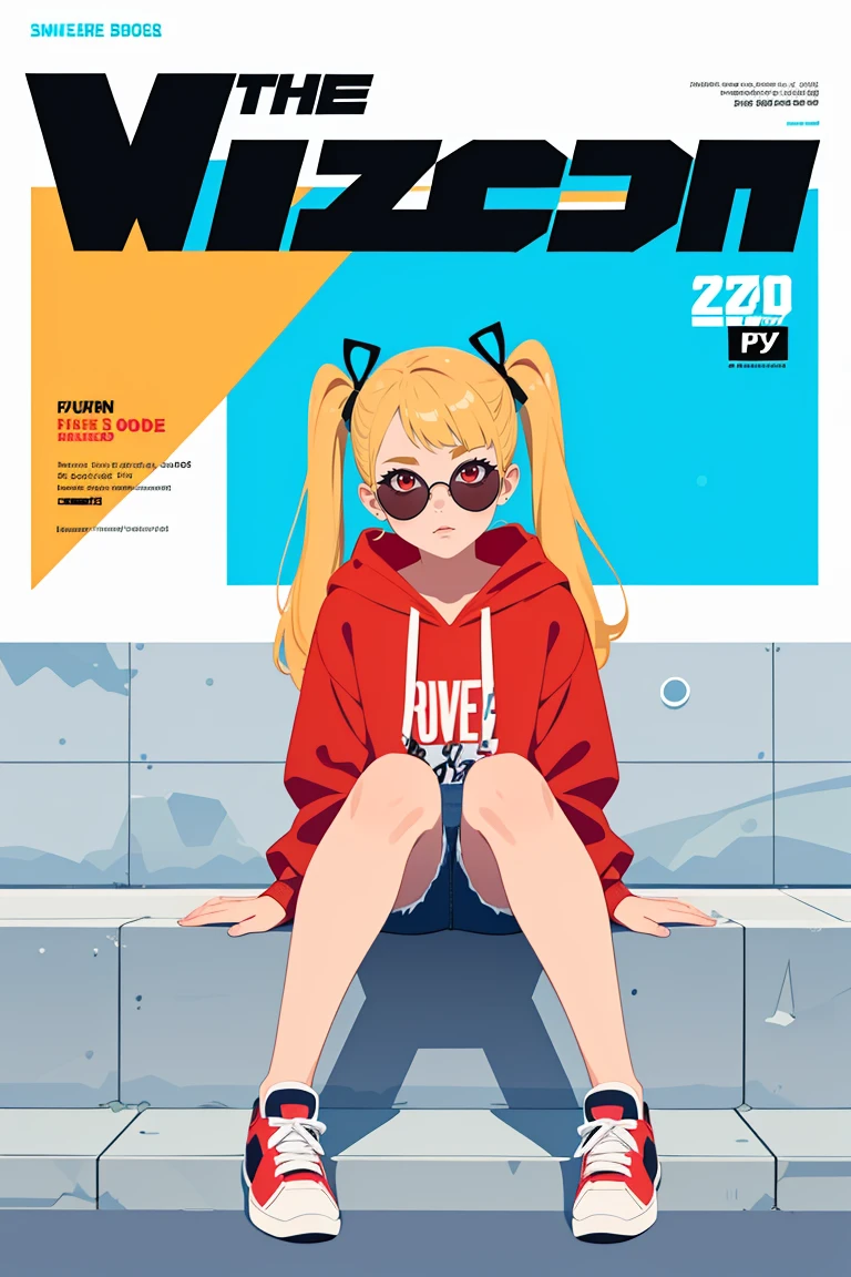 flat vector art,vector illustration, (Magazine cover-style illustration of a fashionable girl),street, in public,(The text on the cover should be bold and attention-grabbing, with the title of the magazine and a catchy headline:1.1) cute:1.2,yellow hair,red eyes,twintails,bangs, sitting, 1 pair of sunglasses, hoodie, colored hoodie, denim shorts, sneakers, skateboard, Human focus, outdoor, blue sky, White clouds, graffiti wall, flat, solo,<lora:GoodHands-beta2:1>,