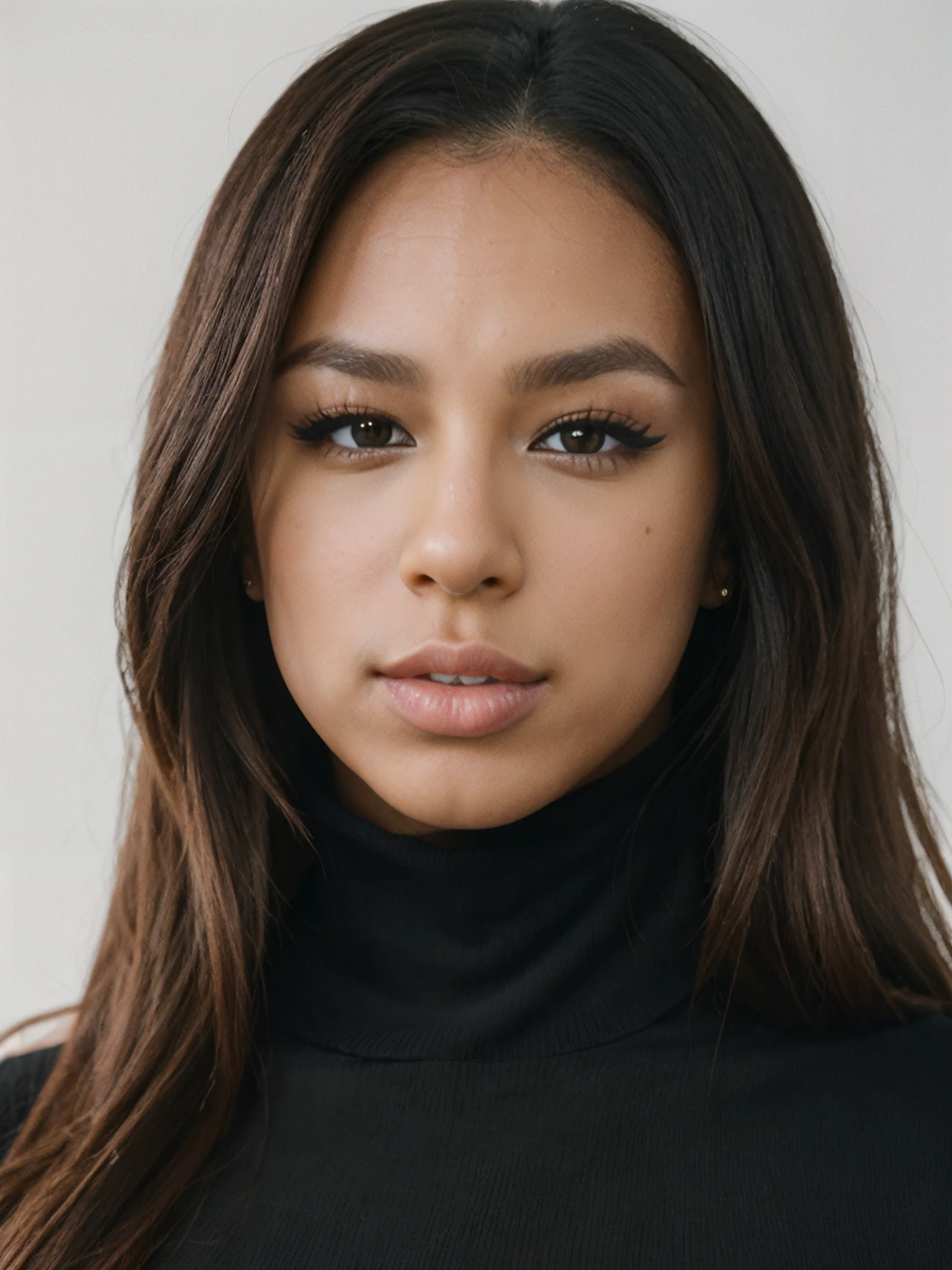 epic35mm, photo of a beautiful woman, (block_autfal:0.99),perfect long dark hair, (closeup headshot), (wearing black turtleneck jumper:1.2), (simple background:1.2), 70mm, (analog, cinematic, film grain), ((detailed eyes)), Fujifilm XT3, <lora:epiC35mm:1>