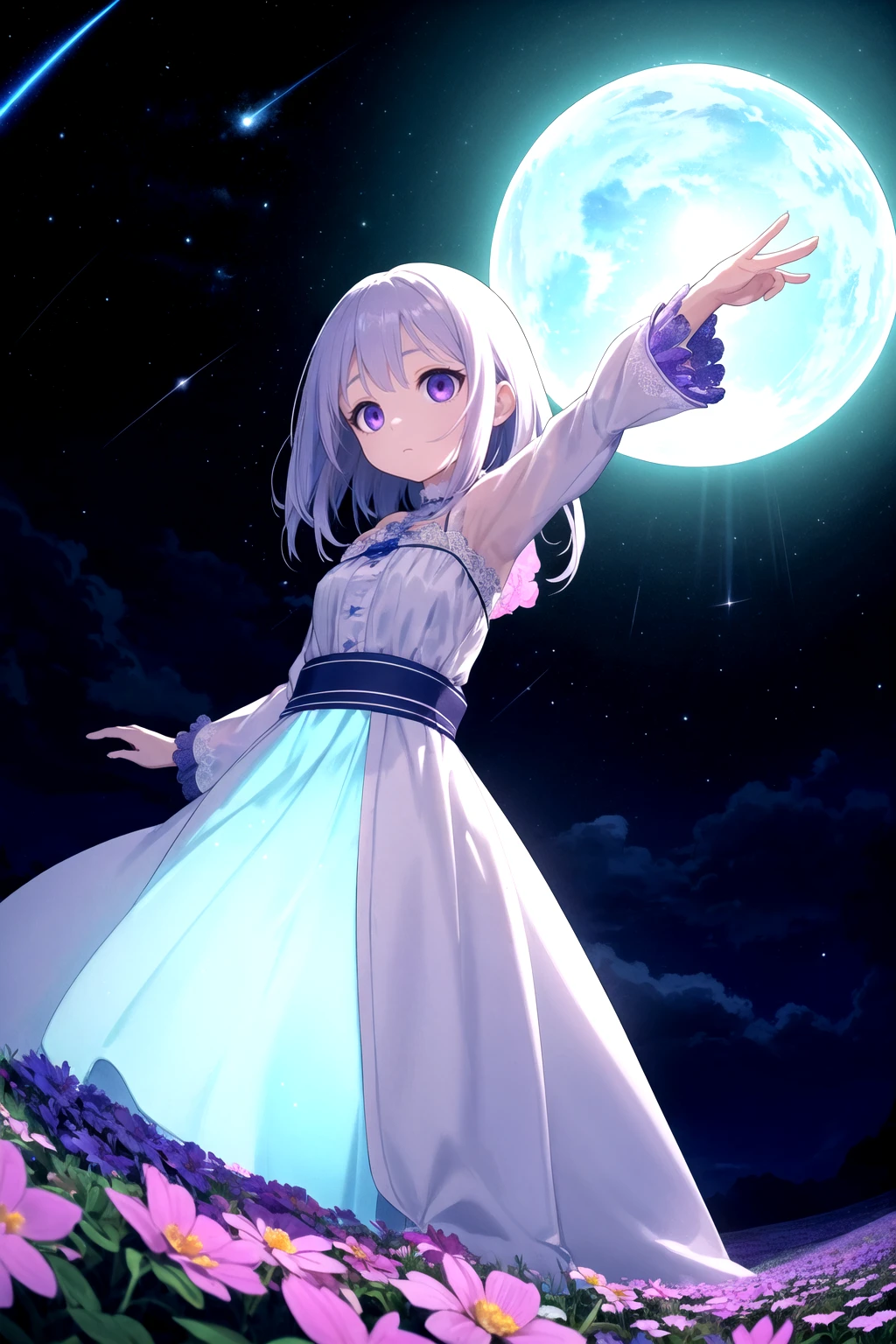 ((Fisheye lens view)), stretching the expanse of an alien landscape into an encompassing, distorted panorama.
Centered in the field is a ((lone young woman)), dressed in a flowing silver gown that shimmers with a luminescence of its own. Her hair is loose, floating around her as if defying gravity.
She stands amidst a ((field of alien flowers)), in shades of neon blues, purples, and pinks. The flowers should have an otherworldly design - think bio-luminescence, unusual petals, and surreal shapes.
Above, the ((sky)) is a deep indigo, scattered with constellations unfamiliar to our earthly gaze. A large exoplanet is visible in the sky, partially bathed in the light of a distant star, creating an awe-inspiring celestial view.
The woman is reaching out to a ((hovering creature)), a cross between a bird and a butterfly, with bioluminescent wings and eyes that match the neon flowers.
The ((atmospheric glow)) casts a surreal but beautiful illumination, causing the woman, the creature, and the flowers to glow softly.
((Emphasize the wonder)) in the woman's expression, the delicate interaction between her and the creature, and the vivid colors and surreal beauty of the alien landscape.
((Exceptional quality)), (Masterpiece), (8k CG wallpaper), ((the dreamer in an alien flower field)).