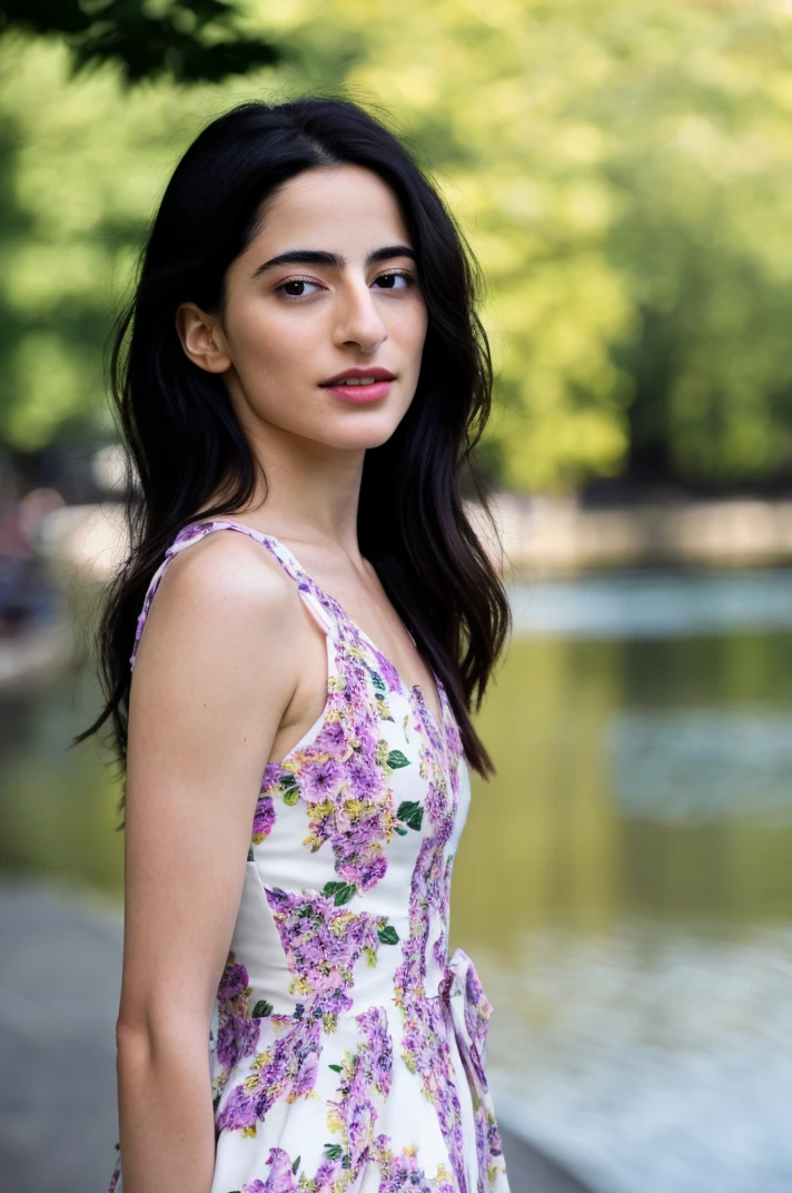 tv_Buket_Komur_A_V2, model pose, laughing expression,  ((wearing a flowered summer dress )),full body shot,  Magic Hour, at a forest pond,  (((relaxed))), "epic-Ultra-HD-details", "epic-Ultra-HD-highlights",       PA7_Human-Likeness