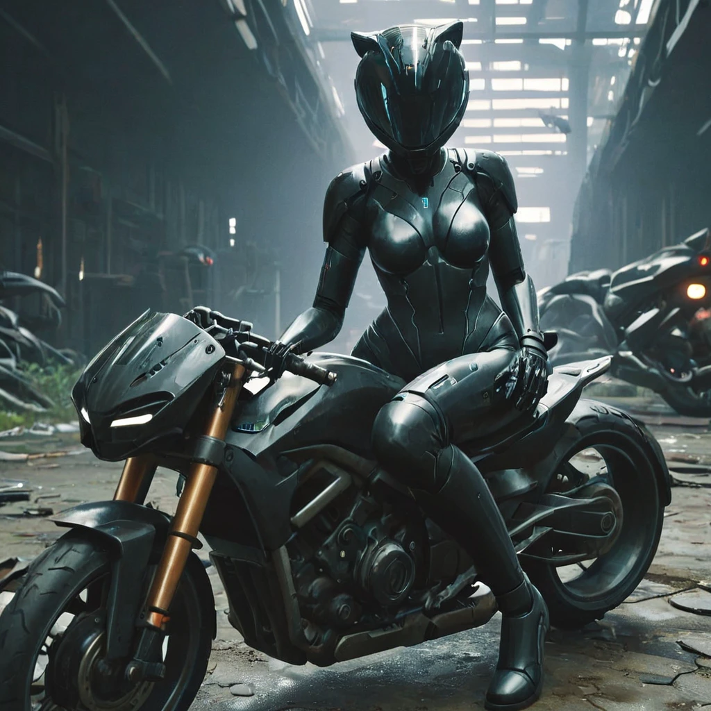 FortniteLynx sitting on a futuristic motorbike next to an abandoned factory black suit, <lora:FortniteLynx-Inspired:1>