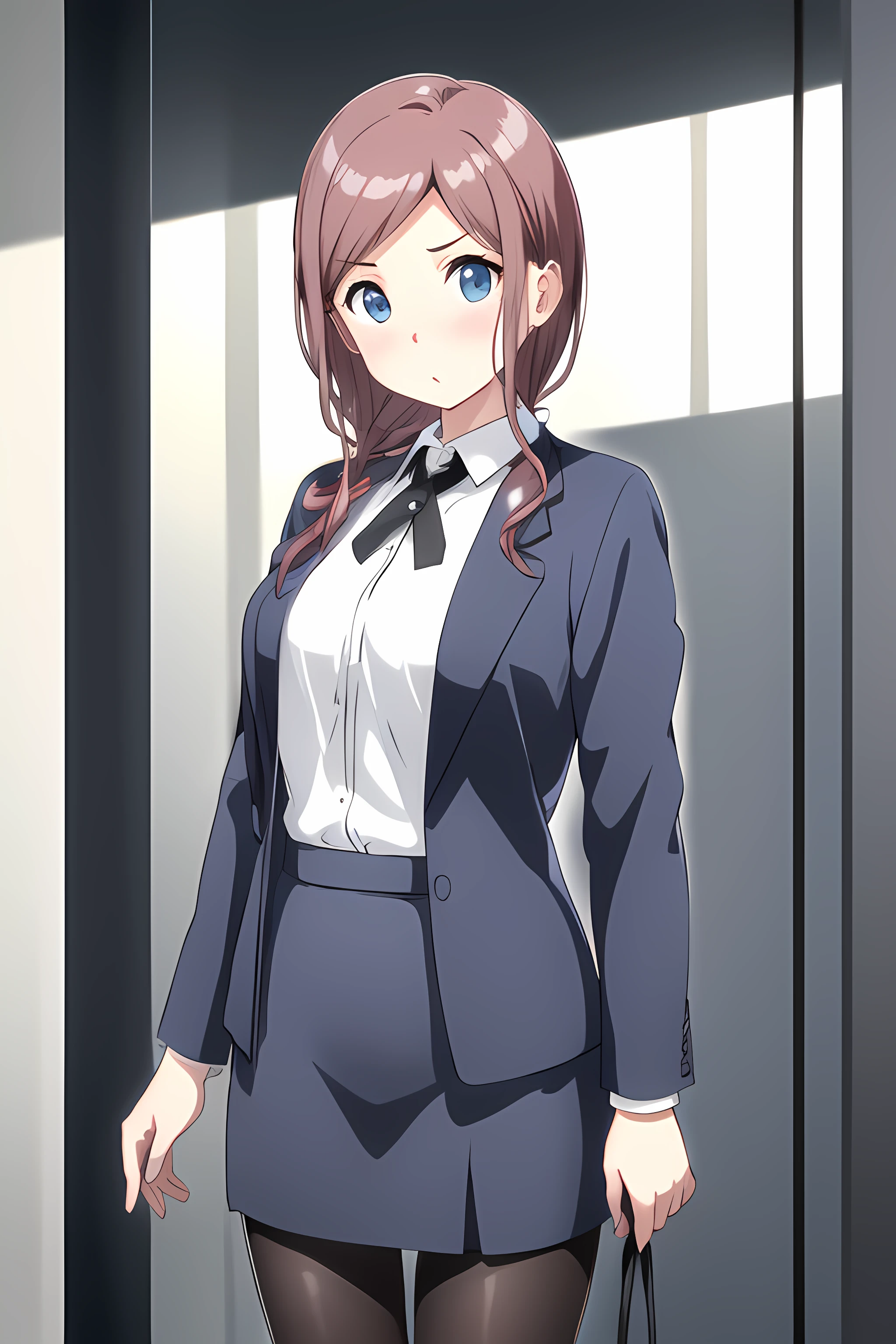 ((masterpiece, best quality)), 1girl,solo,standing,bangs, saya orisaki \(one room\), blue_eyes, blue_jacket, blush, brown_hair, long_hair, long_sleeves, looking_at_viewer ,((white_shirt)),pantyhose, pencil_skirt, ribbon,open jacket,,,,,extremely detailed CG unity 8k wallpaper, perfect lighting,Colorful, Bright_Front_face_Lighting,White skin, (masterpiece:1.0),(best_quality:1.0), ultra high res,4K,ultra-detailed, photography, 8K, HDR, highres, absurdres:1.2, Kodak portra 400, film grain, blurry background, bokeh:1.2, lens flare, vibrant_color,professional photograph,bow breasts, (beautiful_face:1),(detailed eyes),(narrow_waist),(Beautiful medium breasts),Beautiful Finger,Beautiful long legs,Beautiful body,Beautiful Nose,Beautiful character design, perfect face,perfect balance,(2d)