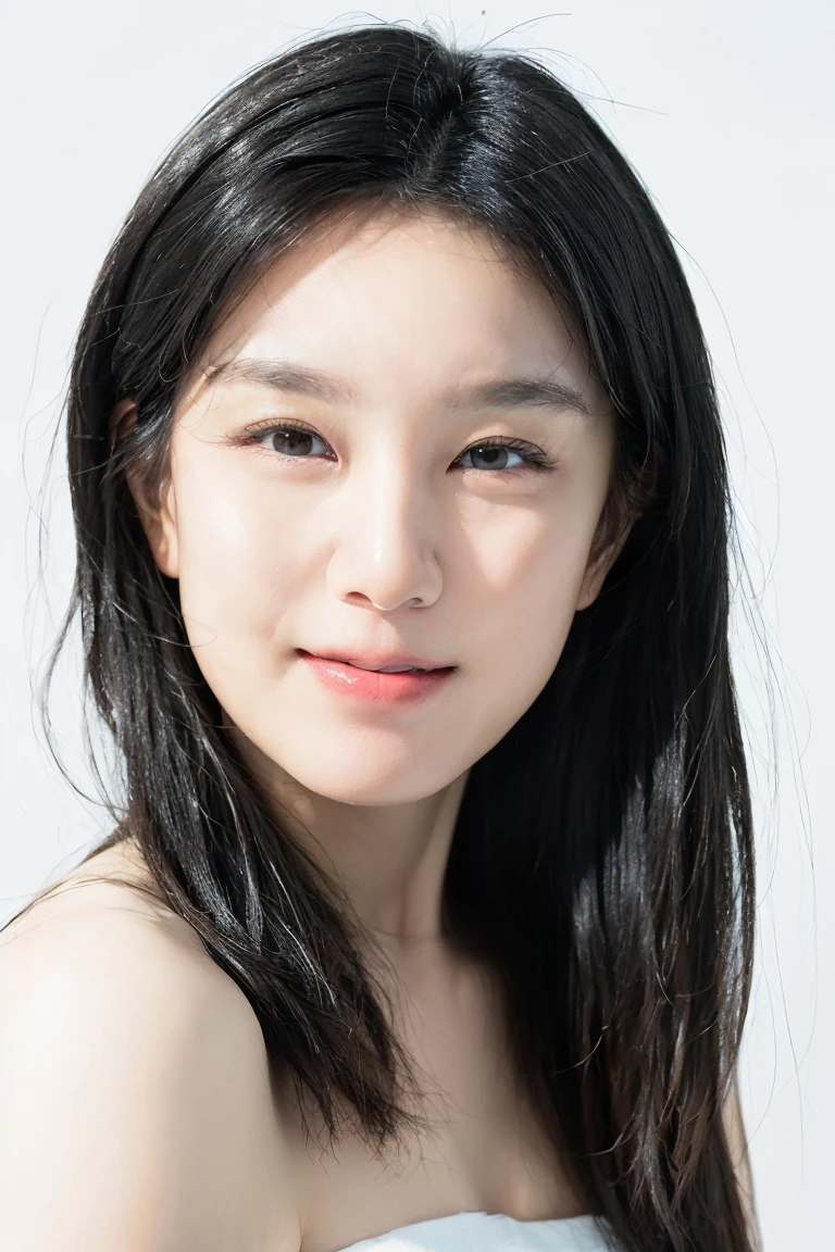 (masterpiece, top quality, best quality, (close-up photograph: 2), ((1girl)), korean, fair skin, (extremely detailed face), ((looking at viewer)), ((((ultra-detailed eyes and pupils)))),((((ultra-detailed lips)))) cheekbone, plump cheeks, ((bare pectorals)), ((bare chest)), ((tube dress)), bare head, ((bare shoulders)), symmetrical frame, (((strapless))), ((closed lips)), (((smile))), ((symmetrical pose)), (symmetrical face: 1.6), 35mm, ((((minimal plain white background)))), ((no lighting)), long hair, no watermark, ((medium hair)),<lora:NOVjiejie:0.7>