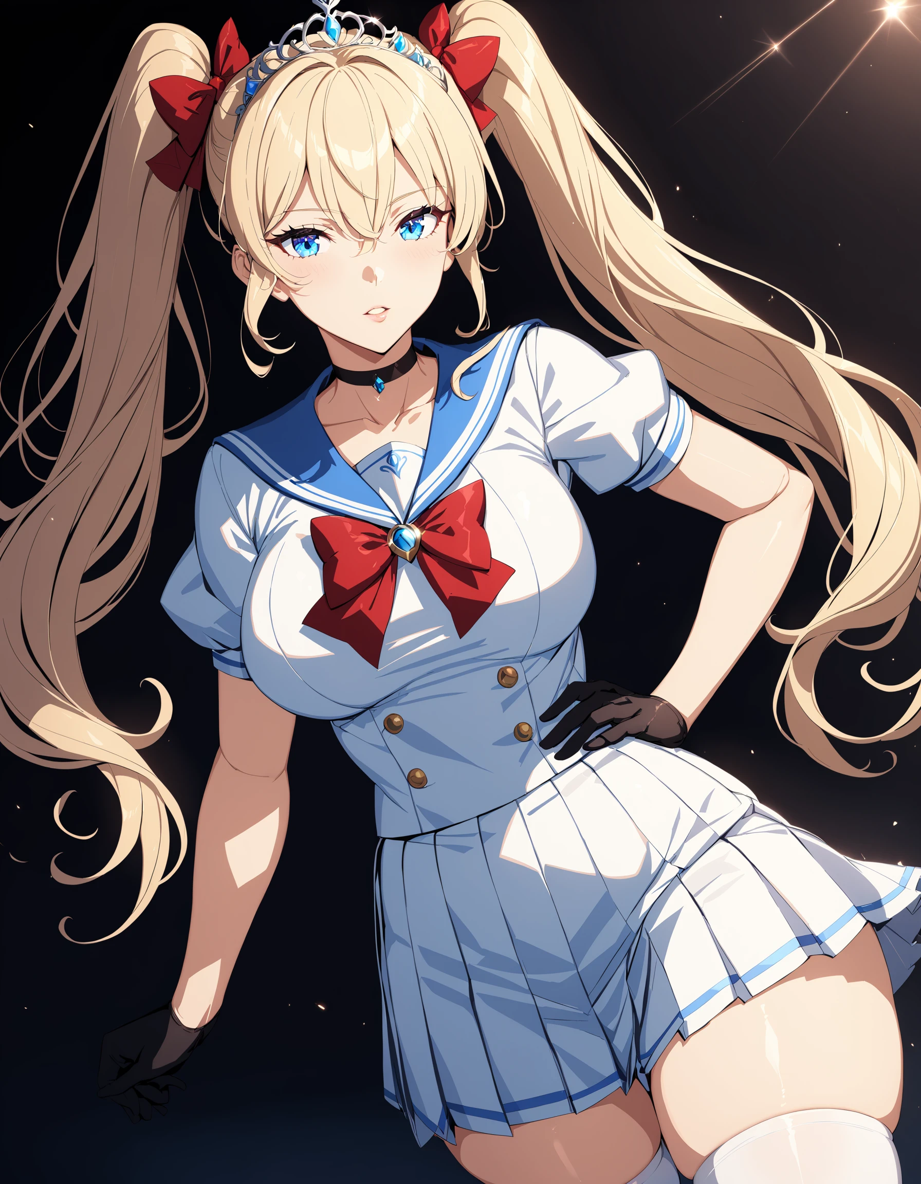 1girl, mature, voluptuous, solo, long hair, blue eyes, skirt, blonde hair, thighhighs, gloves, bow, hair between eyes, twintails, jewelry, medium breasts, school uniform, collarbone, short sleeves, pleated skirt, parted lips, choker, black gloves, bowtie, sailor collar, red bow, white thighhighs, zettai ryouiki, hand on hip, white skirt, tiara, black background, cinematic angle, cinematic lighting, masterpiece, official art, PorcelainDuskMix Style , <lora:PorcelainMixes_Animaginexl:1>