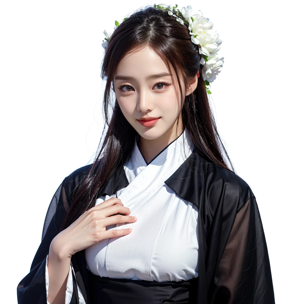 ultra high res, photo, 4k, absurdres, (incredible absurdity), ((masterpiece, best quality)), (wallpaper), (8k hd), <lora:KimTaehee-05:1>,korean clothes, hanbok, solo, 1girl, smile, black hair, realistic, looking at viewer, simple background, traditional clothes, long sleeves, white background