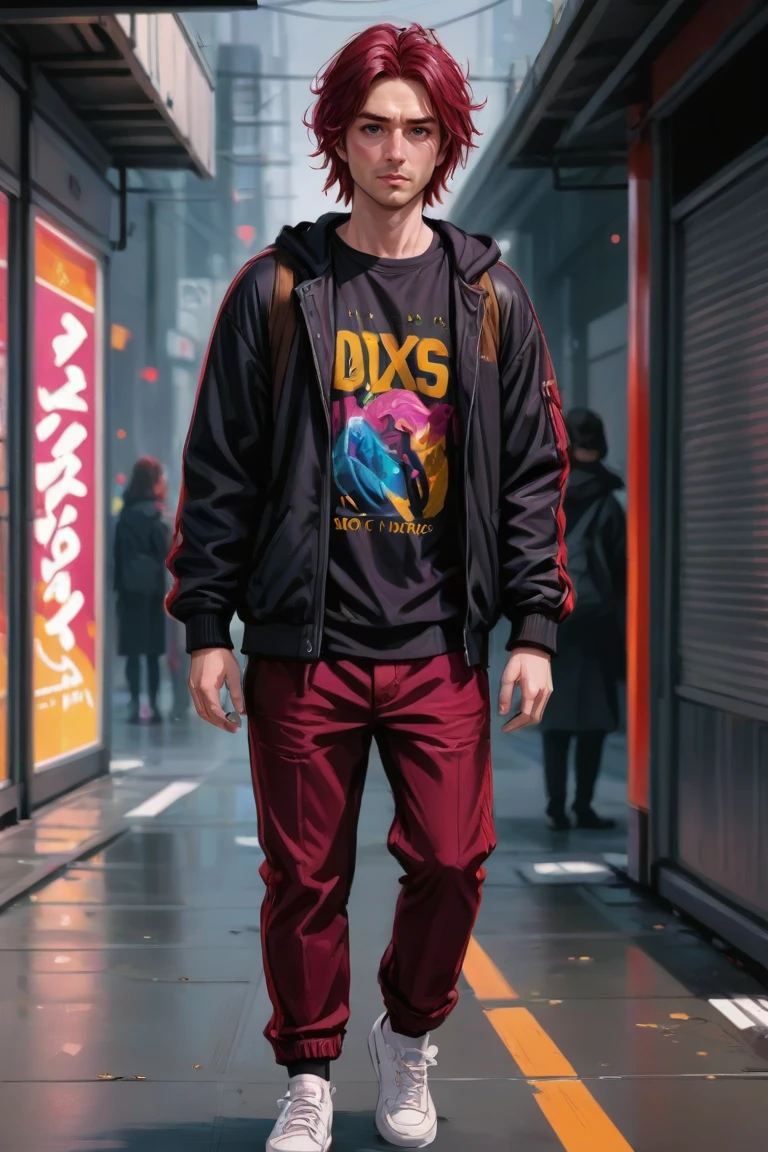 digital painting, full body, older man, handsome, trendy winter tokyo streetwear, japanese, cosmic dark color:indianred hair, Messy Hair<lora:EnvyJKMaleFashionXL01:1.25>