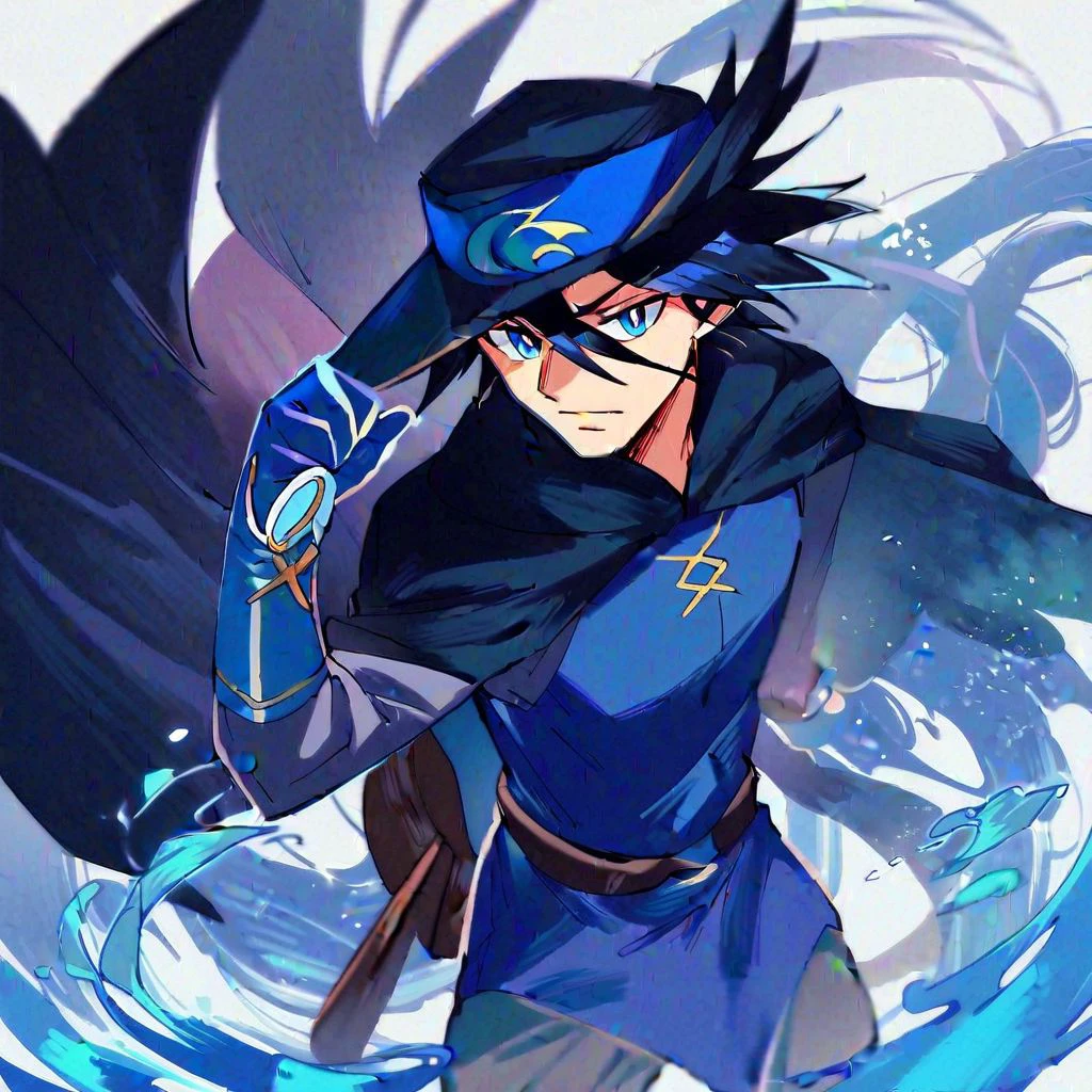 score_9,score_8_up,score_7_up,score_6_up,score_5_up,score_4_up, solo, 1boy, black hair, blue eyes, spiked hair, hair between eyes , Hat, cape, black cape, tunic, long sleeves, pants, boots, belt, blue gloves