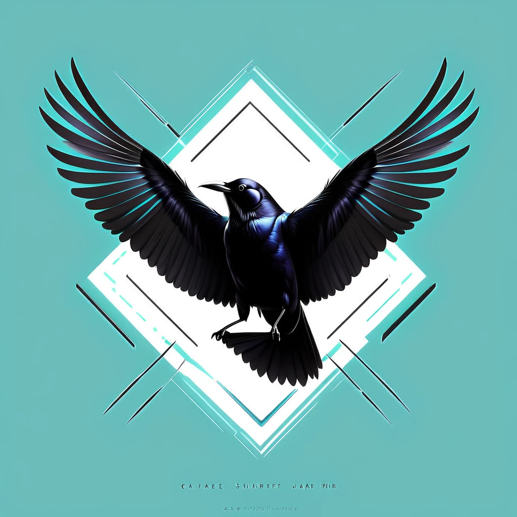 highly realistic Sleek design of a techno ep album cover flyer with a Raven bird centered, Muted light blue black and grey colours, dark abstract horror styled, minimalistic background lines intertwining and shapes, modern design,