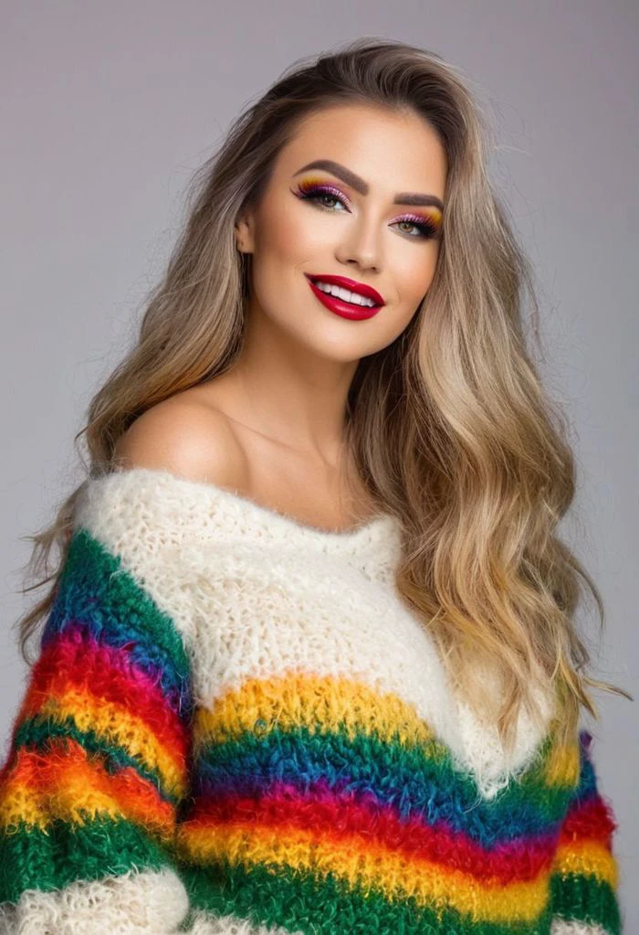 Full body photograph of a beautiful woman, fuzzy mohair sweater, Long hair rainbow colored. Rainbow color clothes. Smoked eye make up. Bold eye liner. Green eyes and red lips. Smiling and showing white teeths. Big boobs