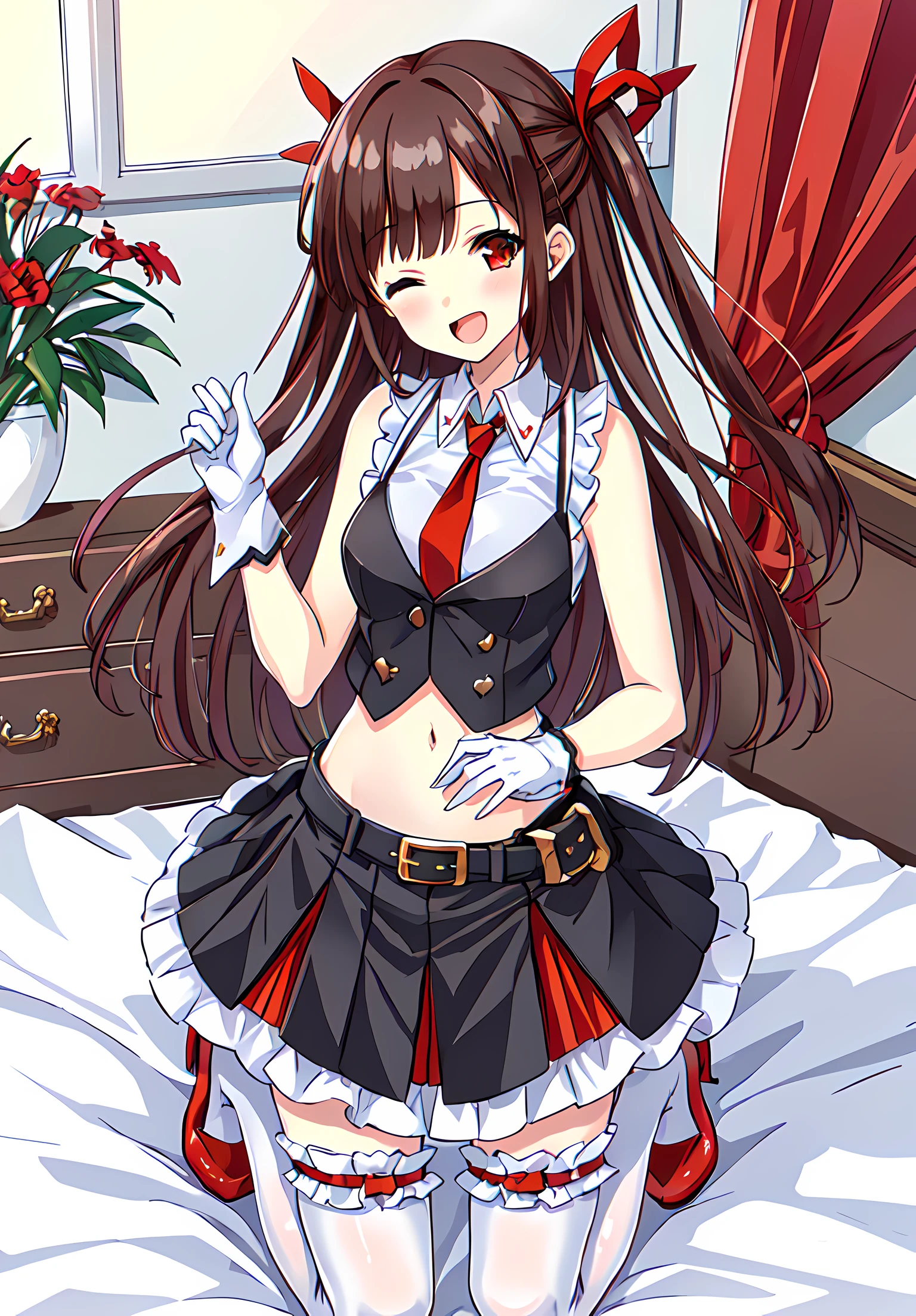 introduce myself,<lora:yuzuriha:0.7>,yuzuriha,1girl,super fine illustration,masterpiece,best quality,bare shoulders,black vest,midriff,white sleeveless shirt,necktie,navel,white gloves,belt,black pleated skirt,red frill,white thighhighs,red high heeled,;d,indoor,bedroom,kneeling,