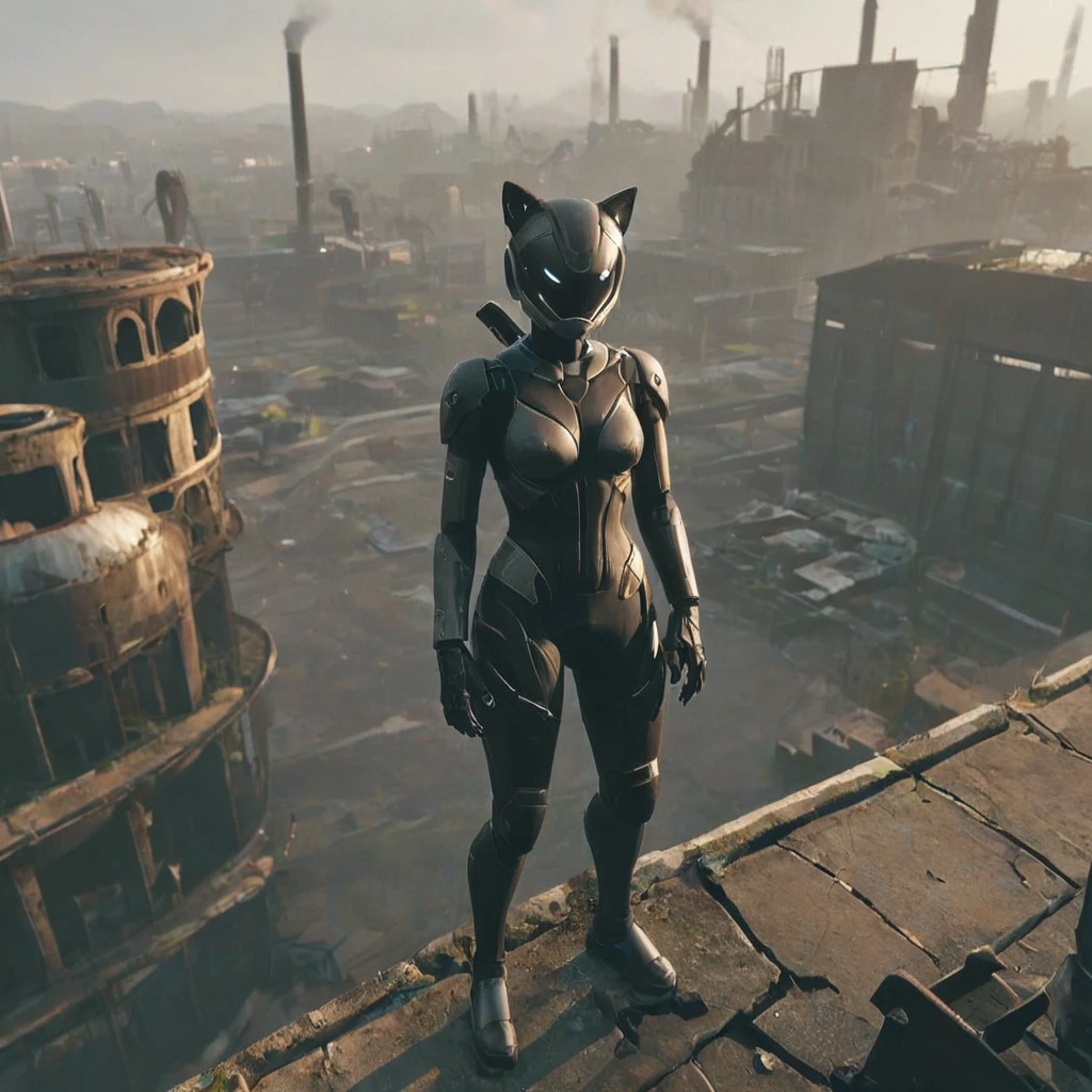 FortniteLynx   standing on a ledge overlooking an abandoned factory, <lora:FortniteLynx-Inspired:1>