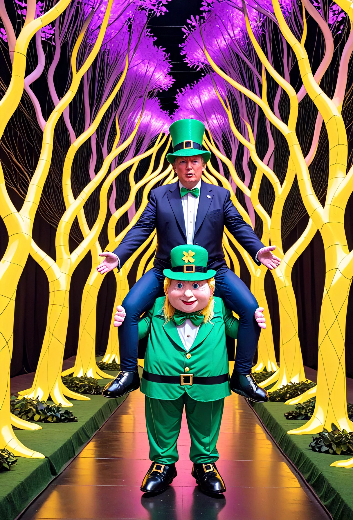 SaintP, A donald trump is wearing a costume that creates the illusion they're being carried on the shoulders of a leprechaun. The person's legs appear to be the leprechaun's legs, while fake legs dangle over the leprechaun's shoulders. The leprechaun is dressed in traditional attire with a green suit and hat. The person wearing the costume has a striped black and white top. Celtic
,artistic installation, neon lights, illuminated branches, whimsical forest, immersive art exhibit, vibrant colors, dark pathway, otherworldly atmosphere
This image appears to depict an artistic installation featuring a narrow pathway flanked by multicolored, illuminated branches that resemble trees. The branches are bathed in vibrant neon lights, casting a fantastical atmosphere that transforms the space into a whimsical, otherworldly forest. The colors range from deep blues and purples to vivid reds, yellows, and greens, creating a vivid contrast against the dark background. The pathway itself is dark, likely to emphasize the illuminated branches and enhance the ethereal quality of the scene. This setting could be part of an immersive art exhibit or a themed event designed to transport visitors into a magical, dreamlike environment.SaintP, A donald trump is wearing a costume that creates the illusion they're being carried on the shoulders of a leprechaun. The person's legs appear to be the leprechaun's legs, while fake legs dangle over the leprechaun's shoulders. The leprechaun is dressed in traditional attire with a green suit and hat. The person wearing the costume has a striped black and white top. Celtic
,artistic installation, neon lights, illuminated branches, whimsical forest, immersive art exhibit, vibrant colors, dark pathway, otherworldly atmosphere
This image appears to depict an artistic installation featuring a narrow pathway flanked by multicolored, illuminated branches that resemble trees. The branches are bathed in vibrant neon lights, casting a fantastical atmosphere that transforms the space into a whimsical, otherworldly forest. The colors range from deep blues and purples to vivid reds, yellows, and greens, creating a vivid contrast against the dark background. The pathway itself is dark, likely to emphasize the illuminated branches and enhance the ethereal quality of the scene. This setting could be part of an immersive art exhibit or a themed event designed to transport visitors into a magical, dreamlike environment.