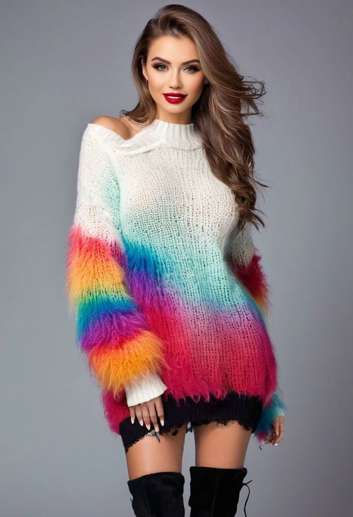 Full body photograph of a beautiful woman wearing sweater and over-the-knee long boots with high heels. Sweater made of fur-like mohair with extra long hair fibres. Sweater is extra fuzzy, fluffy and puffed. Long hair in colorful rainbow locks. Rainbow color clothes. Smoked eye make up. Bold eye liner. Green eyes and red lips. Smiling and showing white teeths. Big boobs, athletic body and long legs