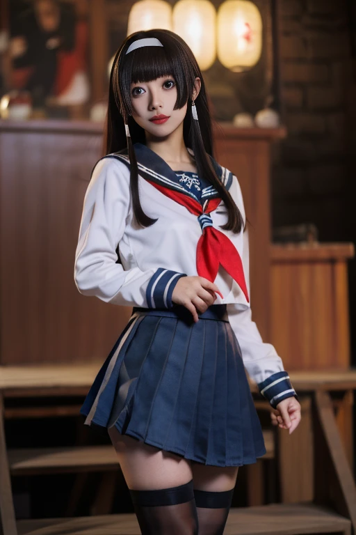 ltra-detailed,highly detailed,best quality,masterpiece,illustration,realistic,photorealistic,
renge, cosplay, solo, 1girl, cosplay,
school uniform, serafuku, sailor collar, long sleeves, neckerchief, pleated skirt, thighhighs, zettai ryouiki,
long hair, bangs, sidelocks, hairband, hair tubes, headband,
looking at viewer, standing, cowboy shot,
blurry background, indoors, photo background, table, hime cut,
<lora:renge_jk_v1_10:0.8>