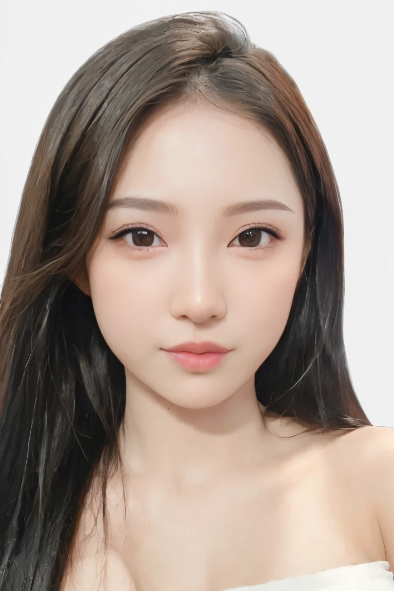 (masterpiece, top quality, best quality, (close-up photograph: 2), ((1girl)), korean, fair skin, (extremely detailed face), ((looking at viewer)), ((((ultra-detailed eyes and pupils)))),((((ultra-detailed lips)))) cheekbone, plump cheeks, ((bare pectorals)), ((bare chest)), ((tube dress)), bare head, ((bare shoulders)), symmetrical frame, (((strapless))), ((closed lips)), (((smile))), ((symmetrical pose)), (symmetrical face: 1.6), 35mm, ((((minimal plain white background)))), ((no lighting)), long hair, no watermark, ((medium hair)), <lora:daedunmogu (2):0.7>