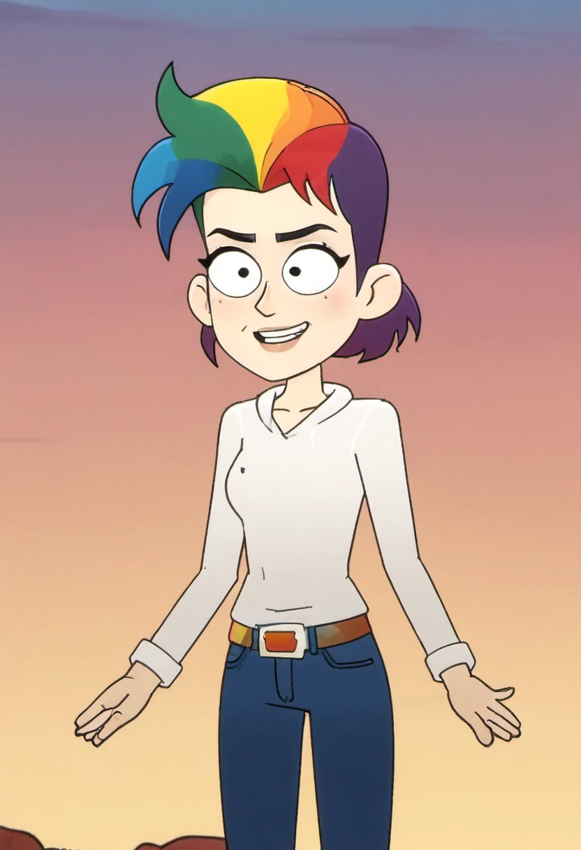 <lora:InfiniteTina:.6> A 24-year-old InfiniteTina superhero with rainbow hair