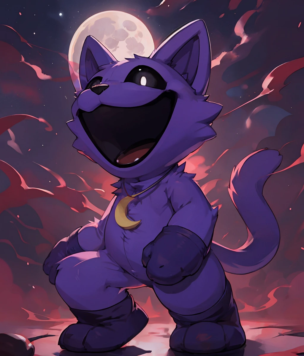 furry,purple cat,black eyes,crazy laugh,black mouth,moon necklace,plush toy,seams,red smoke,no humans,cartoonized,solo,full_body,night,horror \(theme\),smiling critters,<lora:Role_smiling_critters_v1:0.8>,by wkar,by darkgem,by sssonic2,by whisperingfornothing,by conditional_dnp,by zackary911,by ruvark,