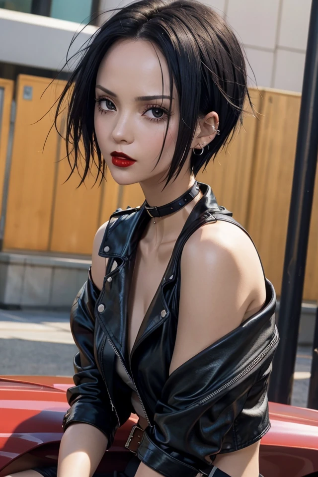 (Nana_Osaki), 1990s, black hair, short hair, earrings, 1girl, ring, red lips, solo, makeup, black eyes, black choker, choker, collarbone, ear piercing, eyelashes, eyeshadow, necklace, red nails, leather jacket, white tank, black miniskirt, black legwear garter, black boots, perfect eyes, perfect face, detail eyes, upper body,