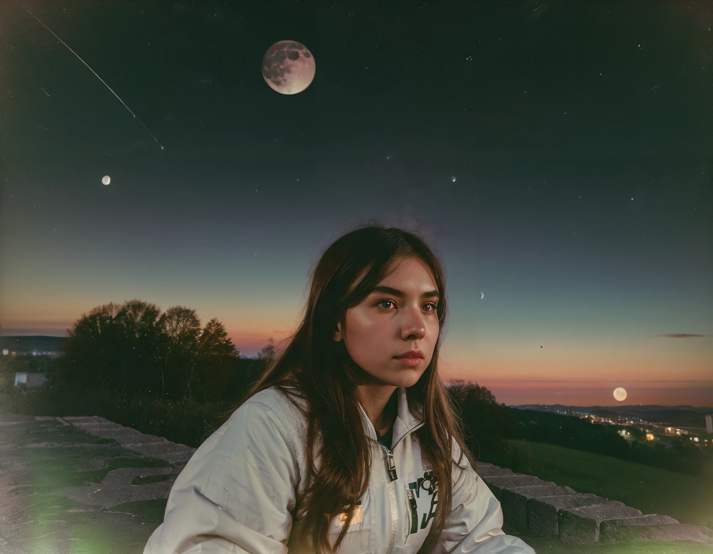 <lora:haze:3.5>, girl sitting on a small hill looking at night sky, back view, distant exploding moon, ultra-realistic, extremely detailed, vintage, in the style of Wes Anderson, balanced, cinematic lighting, realistic, 16k, ultra high detailed, textured skin, tack sharp focus, shot with Arri Alexa, 35mm