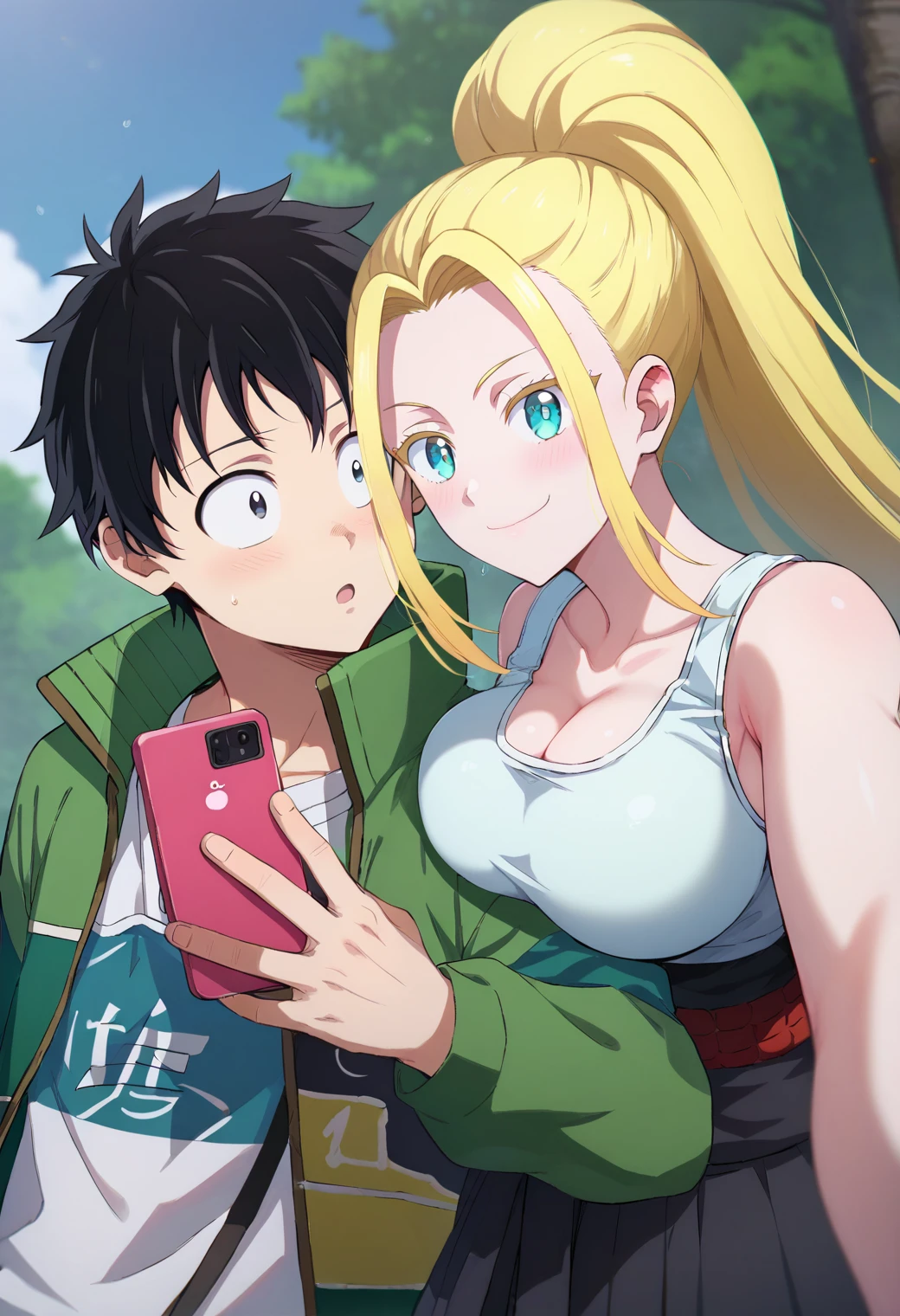 selfie, 1girl, 1boy, hugging, BREAK
tendouakira, white shirt, green jacket, open jacket, and
beatrixamerhauser, white tank top, bare shoulders, BREAK
<lora:zom100_ponyxl_v4:1>, score_9, score_8_up, score_7_up, score_6_up, anime
