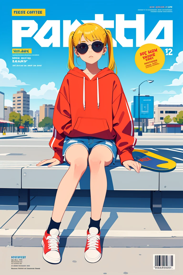 flat vector art,vector illustration, (Magazine cover-style illustration of a fashionable girl),street, in public,(The text on the cover should be bold and attention-grabbing, with the title of the magazine and a catchy headline:1.1) cute:1.2,yellow hair,red eyes,twintails,bangs, sitting, 1 pair of sunglasses, hoodie, colored hoodie, denim shorts, sneakers, skateboard, Human focus, outdoor, blue sky, White clouds, graffiti wall, flat, solo,<lora:GoodHands-beta2:1>,