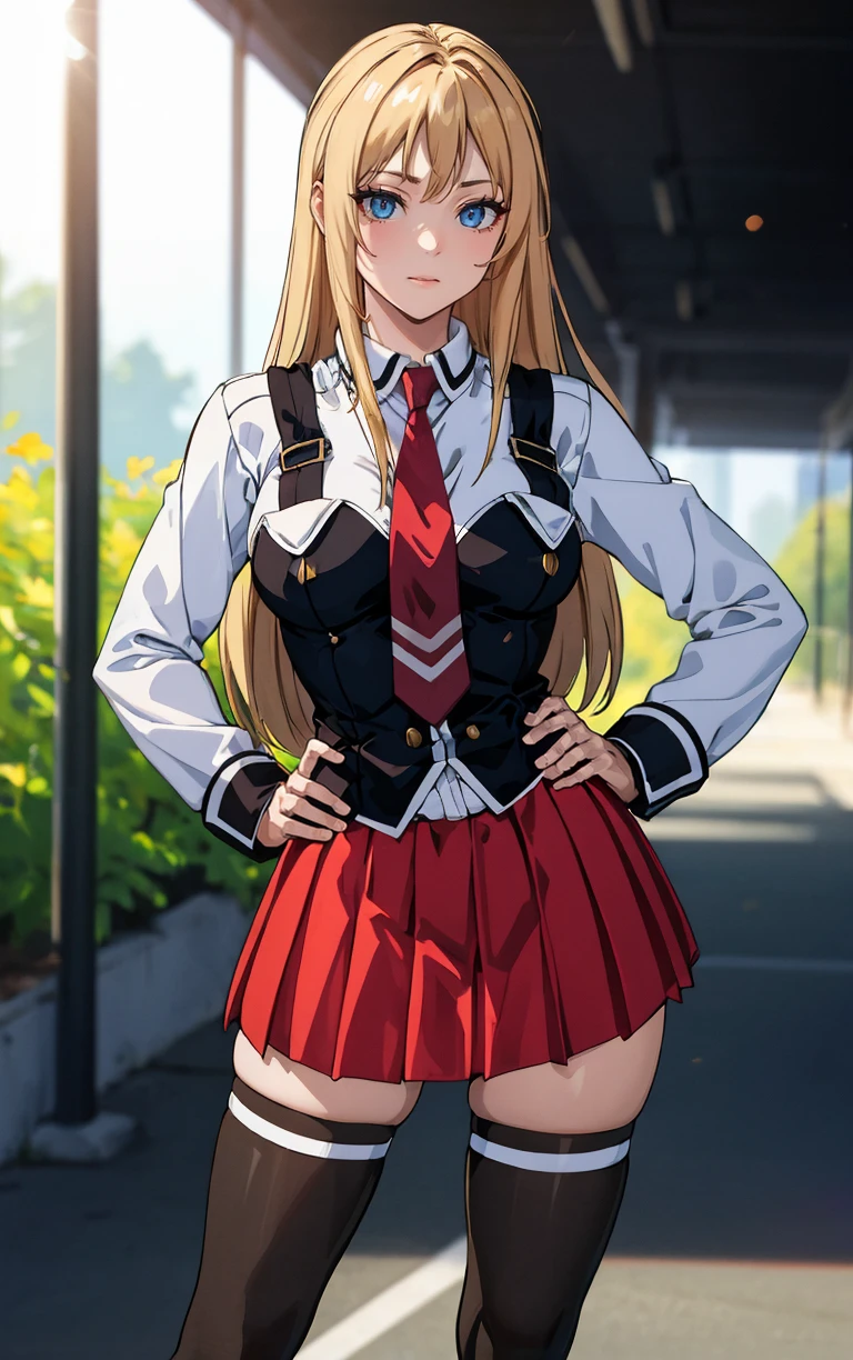 ((masterpiece, best quality)), insaneres, absurdres, solo, outdoors,
CLOTHING_BibleBlack_SchoolDress_ownwaifu, 
1girl, blonde hair,  long hair, blue eyes, 
black vest, red skirt, white shirt, collared shirt, suspenders, school uniform, black thighhighs, zettai ryouiki, necktie, long sleeves, pleated skirt, red necktie, 
(contrapposto, hand on hip)<lora:CLOTHING_BibleBlack_SchoolDress_ownwaifu:1>,
lens flare, depth of field, bokeh, embers, vanishing point, looking at viewer,