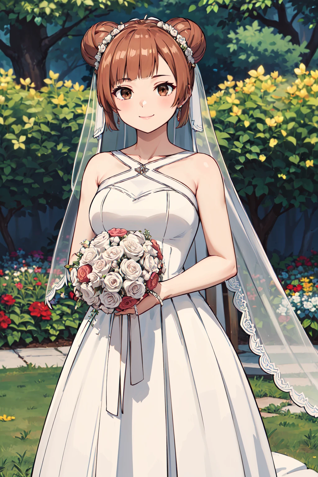 masterpiece,best quality,highres,ultra-detailed,laufen,short hair,double bun,blunt bangs,hair ornament,brown eyes,<lora:laufen:0.6>,(wedding dress:1.4),(veil:1.2),garden,smile,outdoors,standing,cowboy shot,holding bouquet,
