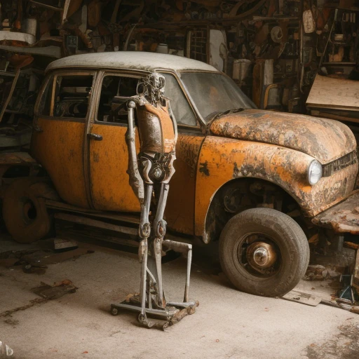 <lora:robots:1.1><lora:add-detail-xl:1.4>a portrait of high detailed standing  robot in an old garage working on an old red car, intricate, rusty, damaged