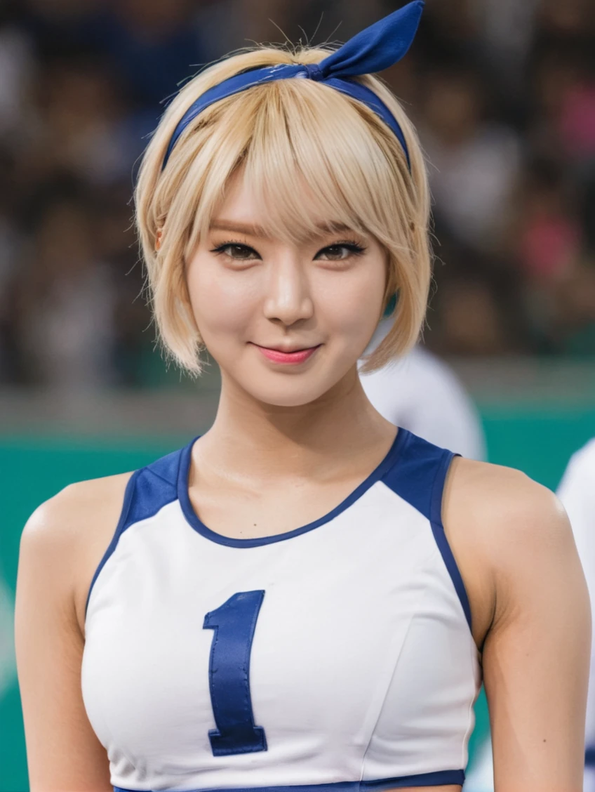 8K raw photos、hight resolution、a closeup、Smaller chest、Laugh、Bright blonde hair、cheerleaders、Baseball team cheerleader、baseball field、beautiful thigh、Beautiful knees、beautiful girl of 20 years old、with round face、beautiful eyes finely detailed、long eyeslashes、Beautiful double eyelids、Shorthair、耳Nipple Ring、a necklace、perfect hand、
