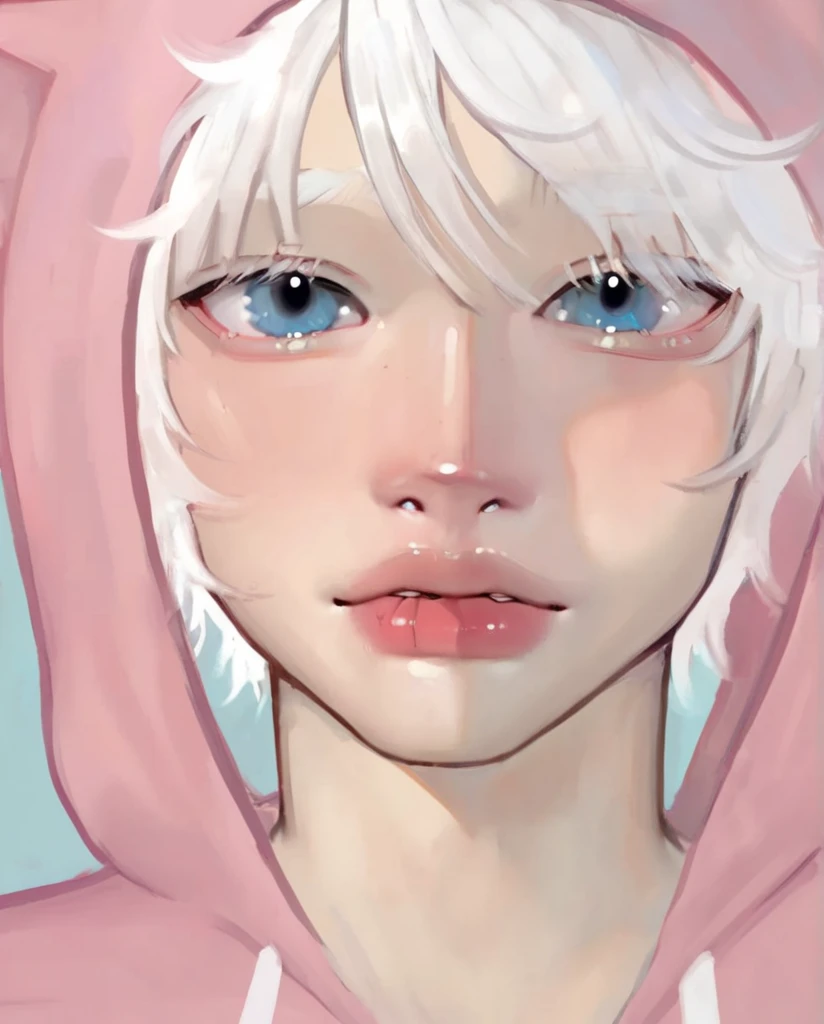 score_9, score_8_up, score_7_up, puririkaaa_style, close-up, portrait, white hair, blue eyes, pink hoodie, 1boy, solo, male focus, looking at viewer <lora:Puririkaaa (Jelly Art Style) SDXL_LoRA_Pony Diffusion V6 XL_Light:1>