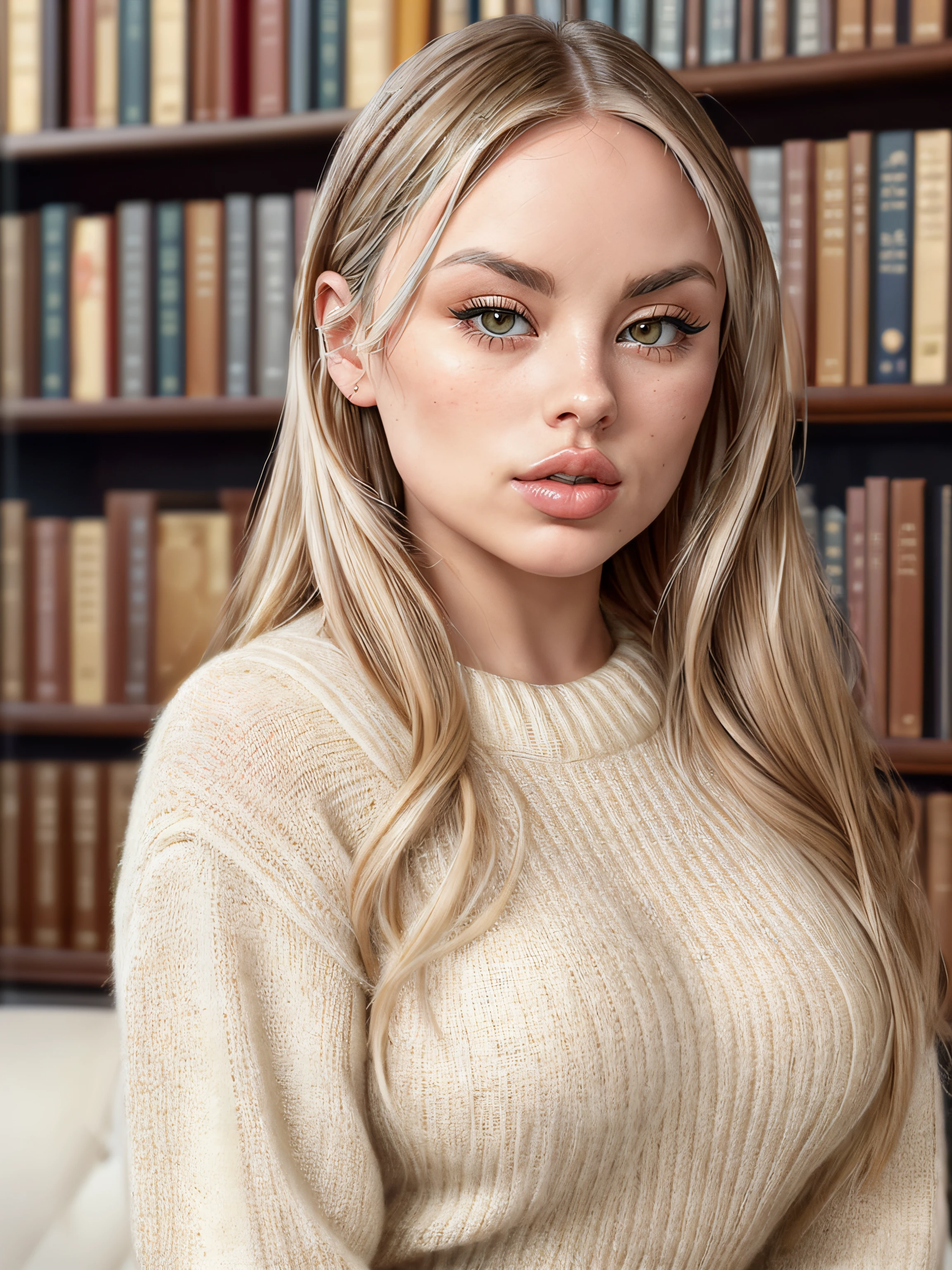 portrait of a beautiful woman, (block_claireclouds:0.99), blonde hair in updo, (knitted jumper), (in a library:1.2), 70mm, (analog, cinematic, film grain), ((detailed eyes)), Fujifilm XT3