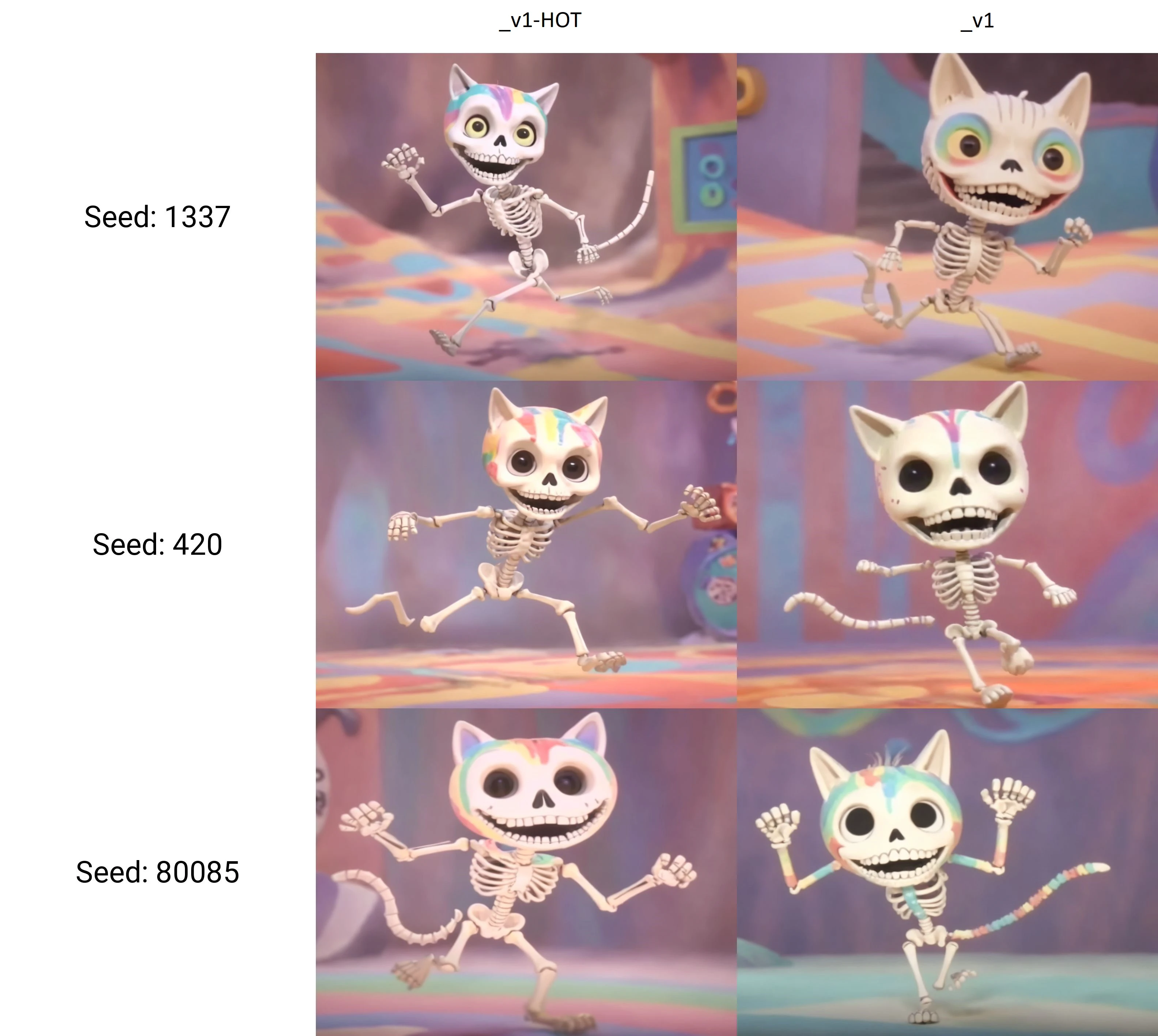 a colorful chibi skeleton cat running toward the viewer, in a creepy and unsettling kids tv show <lora:UNSTL_KIDS_TV_v1-000010:1>
