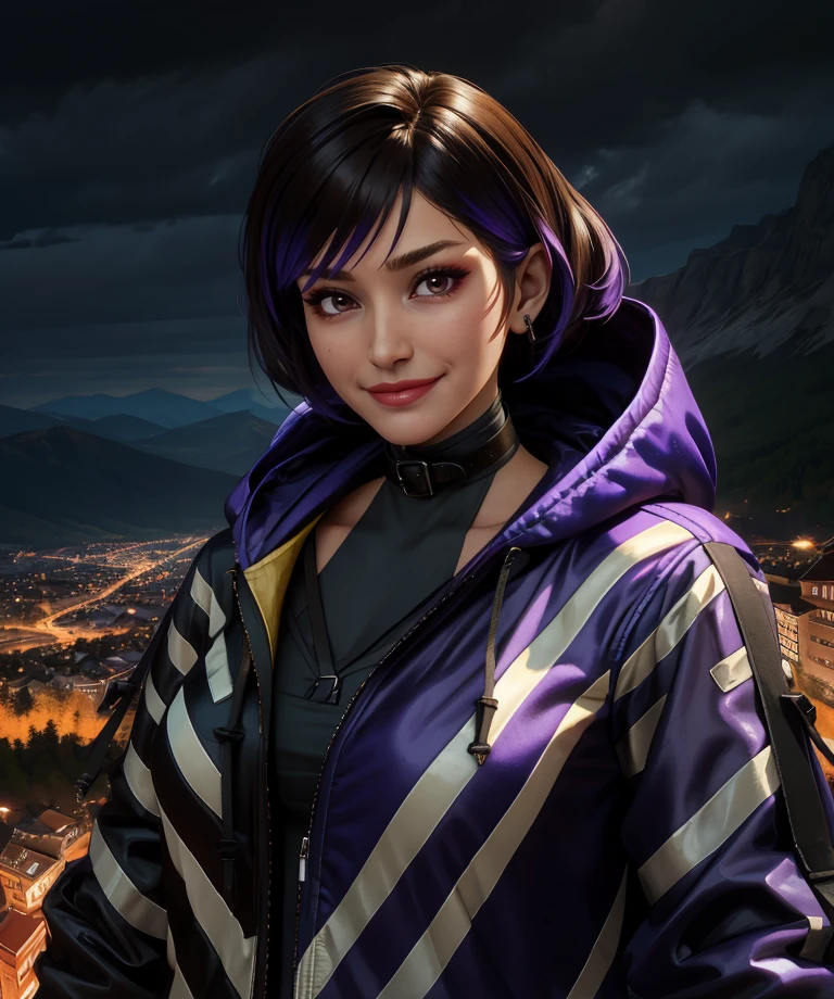 Reina,two-tone hair,brown eyes,
black and purple jacket,hood down,collar,hands in jacket,
standing,upper body,smile,looking at viewer,
night,mountain,
(insanely detailed, masterpiece, best quality),<lora:ReinaM-11STD:0.8>,