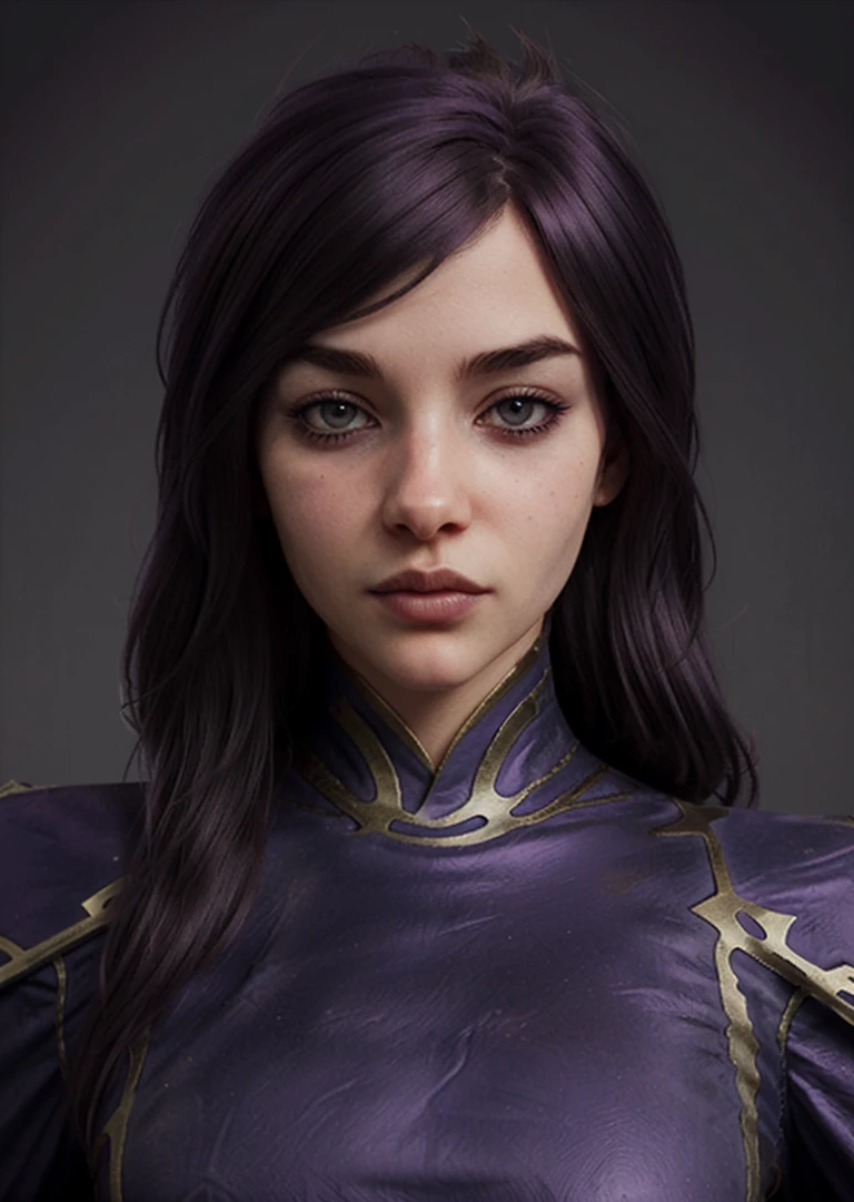 1girl, morganalol, wavy purple hair, purple eyeliner, ((official morgana_(league_of_legends) purple armored dress)), (close up:1.4), face portrait,