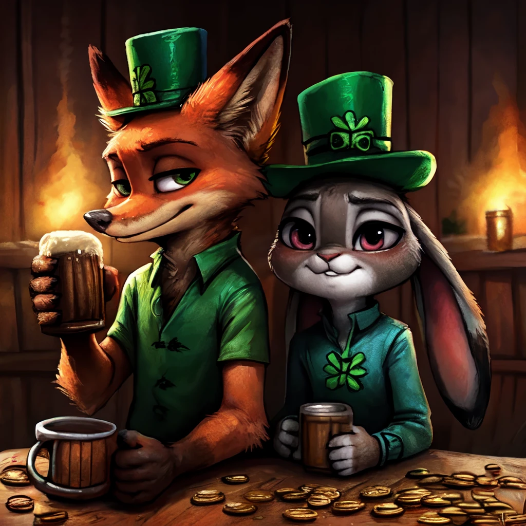 CelticFox,by kenket, by totesfleisch8, (by thebigslick, by silverfox5213:0.8), (by syuro:0.2), (duo, side-by-side:1.2), anthro, rabbit, canid, fox, nick wilde,judy hopps,,holding cup,facing viewer,furry,alcohol,top hat,mug,green headwear,beer,coin,beer mug,clover,four-leaf clover,barrel,saint patrick day style, detailed hands,adult,charming ,tall,warm colors, detailed background,by bleats:, zackary911,<lora:CelticFoxSD:1>