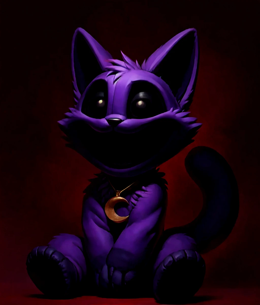 furry,purple cat,black eyes,crazy laugh,black mouth,moon necklace,plush toy,seams,red smoke,no humans,cartoonized,solo,sitting,full_body,horror \(theme\),smiling critters,<lora:Role_smiling_critters_v1:0.8>,[[(by Chunie:0.85), by Meesh, by Silverfox5213, by LevelViolet, by Todex, by Jackson Pollock:0.16]],