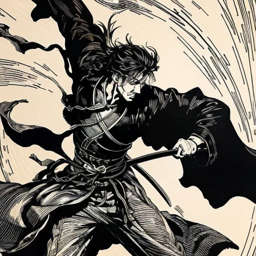 best quality,extreme detailed,<lora:woodblock_print:0.7>,black and white,swordsman,Chinese style,official art,