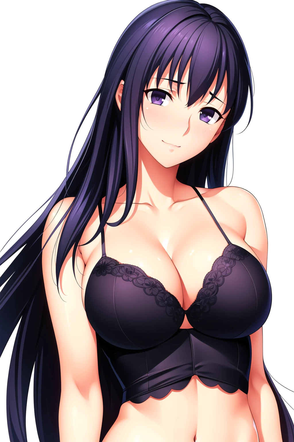 Simple White Background,
dynamic pose,standing at attention,
underwear, Black bra,Black lingerie,
Black Lace bra,Black lingerie,Black Lace panties, cleavage, collarbone, bare shoulders,navel,
<lora:Matou_Sakura_Fatestaynight-KK77-V1:0.7>,matou sakura,
purple eyes, purple hair,bangs,Long hair,hair ribbon,
<lora:Oda_Non_Style-KK77-V2:0.3>,<lora:more_details:0.1>,
1 girl, 20yo,Young female,Beautiful long legs,Beautiful body,
Beautiful Nose,Beautiful character design, perfect eyes, perfect face,expressive eyes,perfect balance,
looking at viewer,(Focus on her face),closed mouth, (innocent_big_eyes:1.0),(Light_Smile:0.3),
official art,extremely detailed CG unity 8k wallpaper, perfect lighting,Colorful, Bright_Front_face_Lighting,White skin,
(masterpiece:1.0),(best_quality:1.0), ultra high res,4K,ultra-detailed,
photography, 8K, HDR, highres, absurdres:1.2, Kodak portra 400, film grain, blurry background, bokeh:1.2, lens flare, (vibrant_color:1.2),professional photograph,
(Beautiful,large_Breasts:1.4), (beautiful_face:1.5),(narrow_waist),
