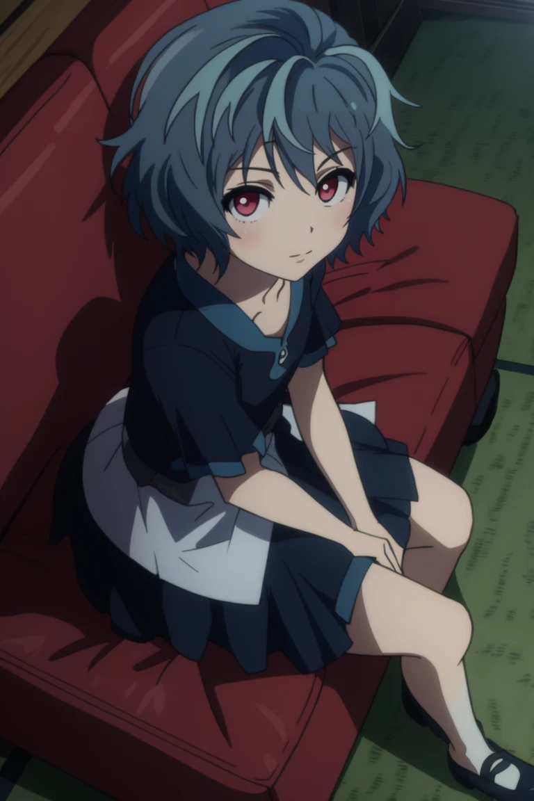 masterpiece, consistent background, indoors, 
 <lora:black_bullet Kohina Hiruko:0.7> Kohina Hiruko, sitting on sofa, drone pov, dutch angle, from above, looking at viewer