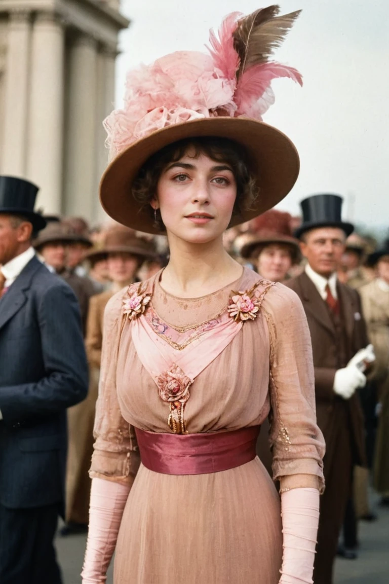 vintage color photograph of   a beautiful  woman wearing a dress and a hat at the PanamaâPacific International Exposition in San Francisco in 1915, detailed face, in a crowd of men, outdoors, Palace of Fine Arts in background, <lora:1910_Dress_XL:0.5>  1910_dr3ss