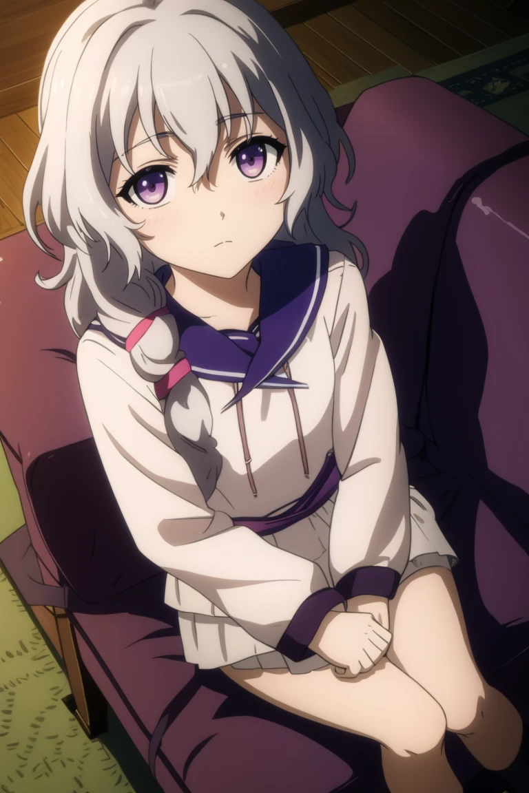 Score_9, Score_8_up, Score_7_up, Score_6_up, Score_5_up, Score_4_up, source_anime, anime style, anime screencap, 1girl, midori fuse, long hair, ribbon, purple eyes, hair ribbon, white hair, white cat ears, cute, pants pull, panty pull, cleft of venus, embarrassed, pov, pussy juice string