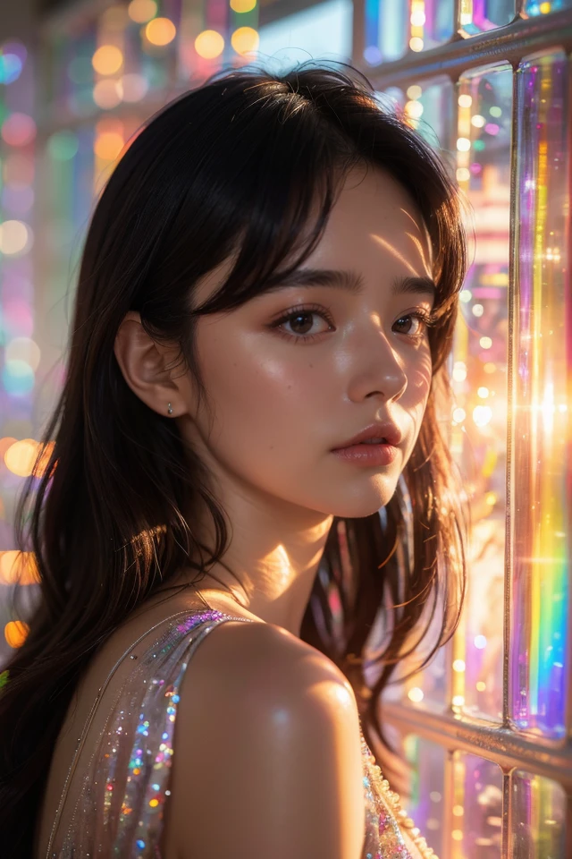 1 girl, smile, Iridescence, elevation angle, space, (floating colorful sparkles:1.3), dramatic lighting, chiaroscuro, evocative depth