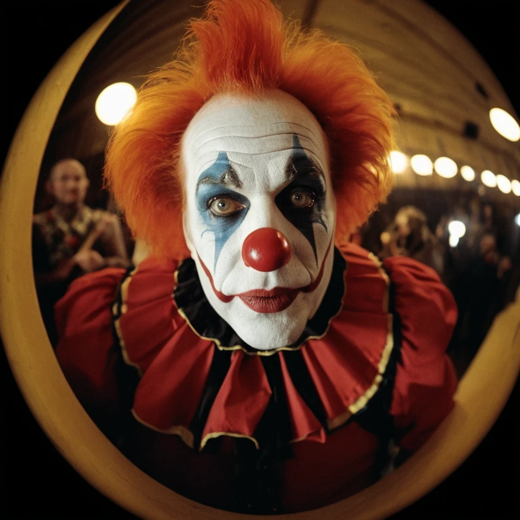 photo of clown in a circus ,(((photo 8mm fisheye lens by 8mmfishlent black borders:1,zoom out))) , experimental photography, hard light --ar 3:4 --v 5.1 --style raw