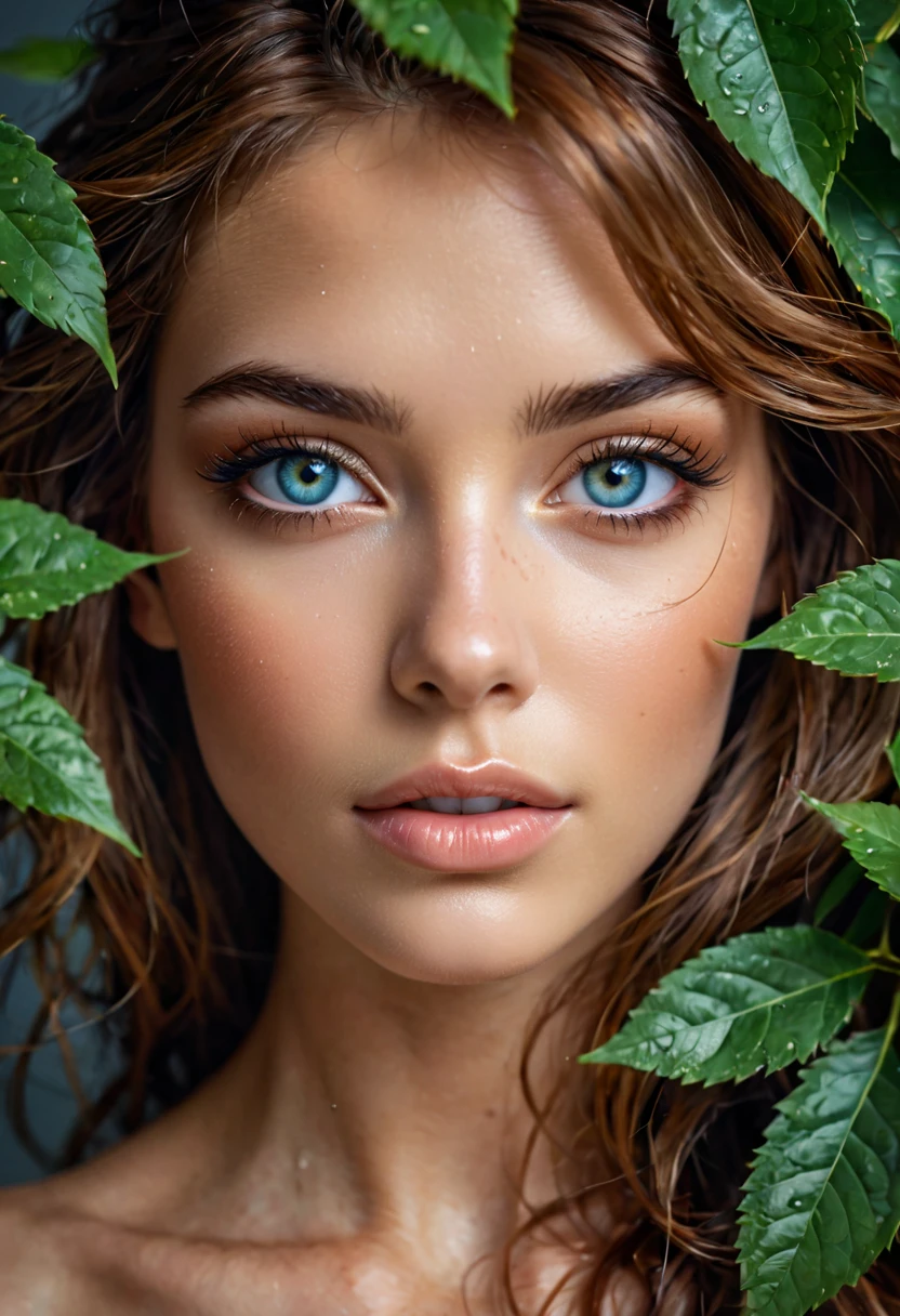 glamorous photo portrait of a unique breathtaking and beautiful woman face close-up, stunning detail, hyper detailed eyes, detailed skin with a flawless texture delicate and refined, smooth hair elegantly draped around her neck, subtle freckles on her nose, fullness of her lips, covered with leafs, captured in masterful composition, lighting accentuate her natural beauty, gentle shadows and highlights, incredible skill and attention to detail, nuance and detail, supersharp focus, Carne Griffiths, Conrad Roset, annie leibovitz, hyperdetailed, soft light, sharp, Hasselblad masterclass, . high fashion, luxurious, extravagant, stylish, sensual, opulent, elegance, stunning beauty, professional, high contrast, detailed