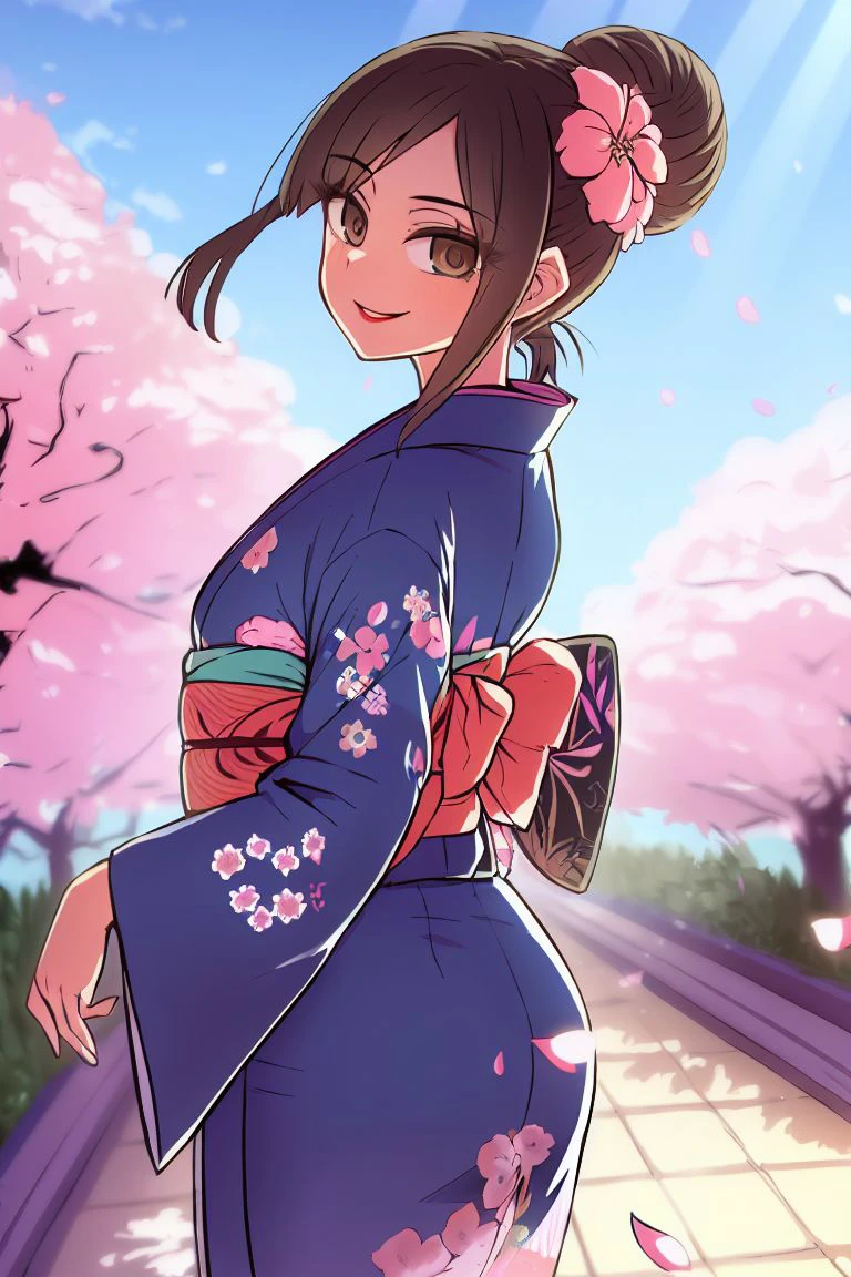 masterpiece, <lora:zyugoya-60:1>
zyugoya, 1girl,light rays,outdoors, cherry blossoms, floating hair, falling petals, black hair, sidelocks, hair bun, hair ornament, hair flower, brown eyes, kimono, floral print, small breasts, smile, lipstick, looking back, looking at viewer, cowboy shot, from behind